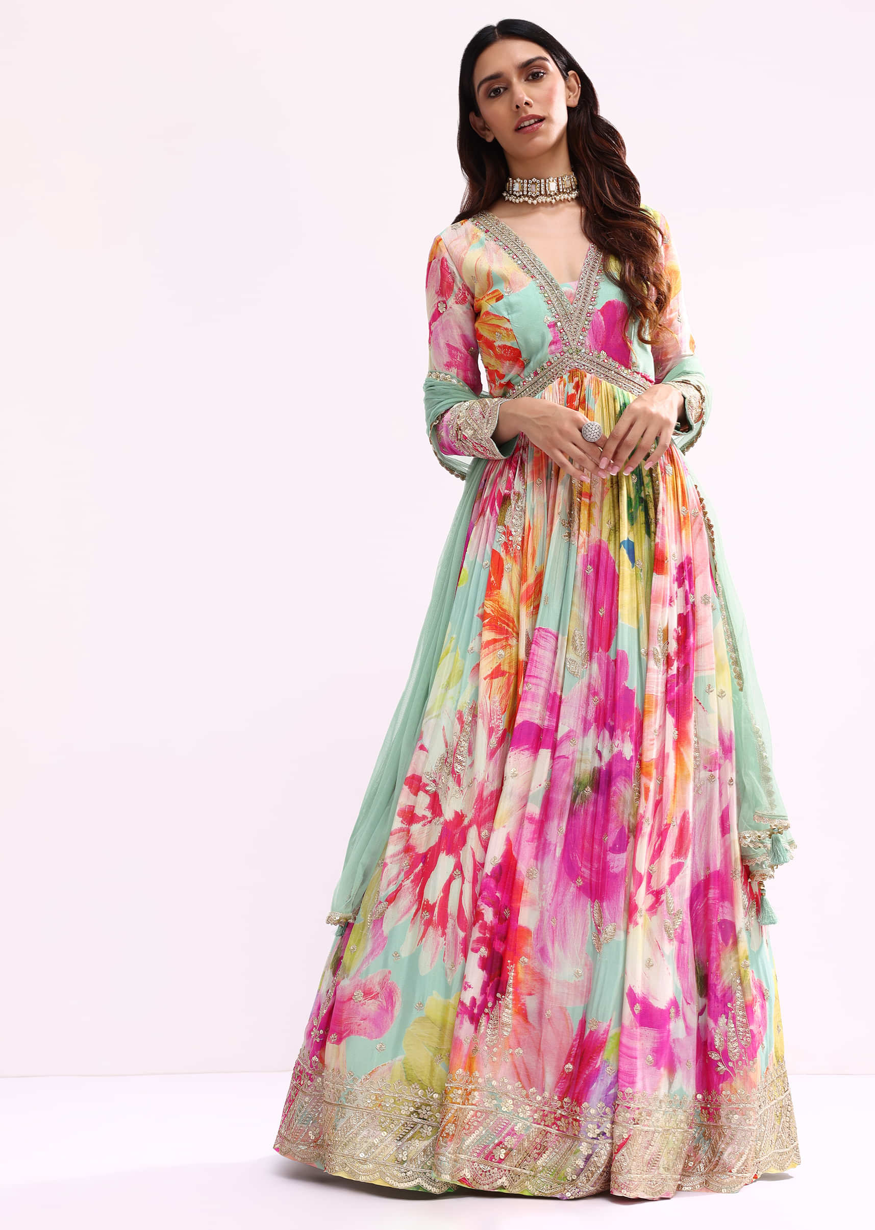 Sea Green Embroidered Chiffon Anarkali Set - Image 3