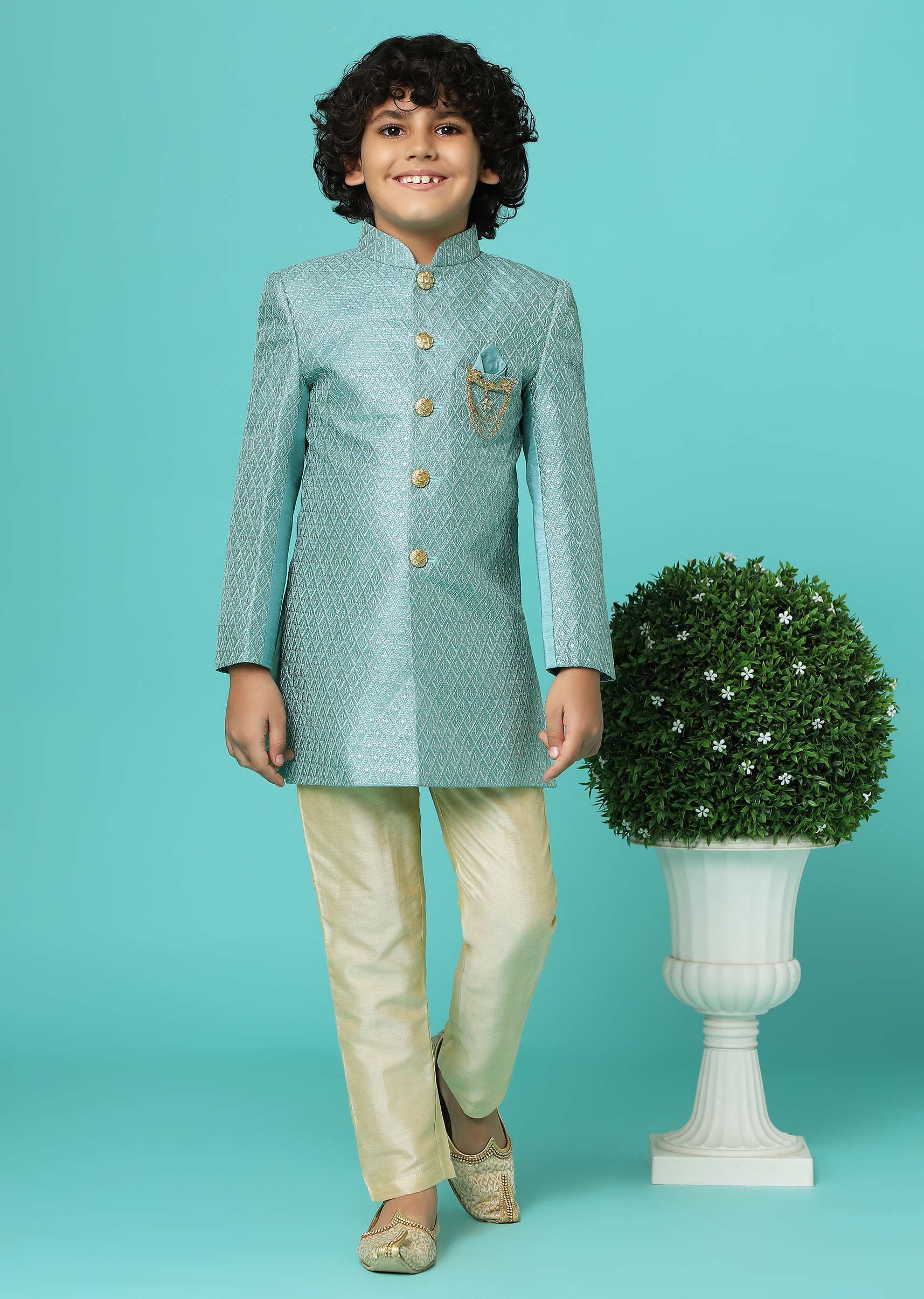 Sea Green Embroidered Sherwani Jacket And Pant Set In Silk - Image 7