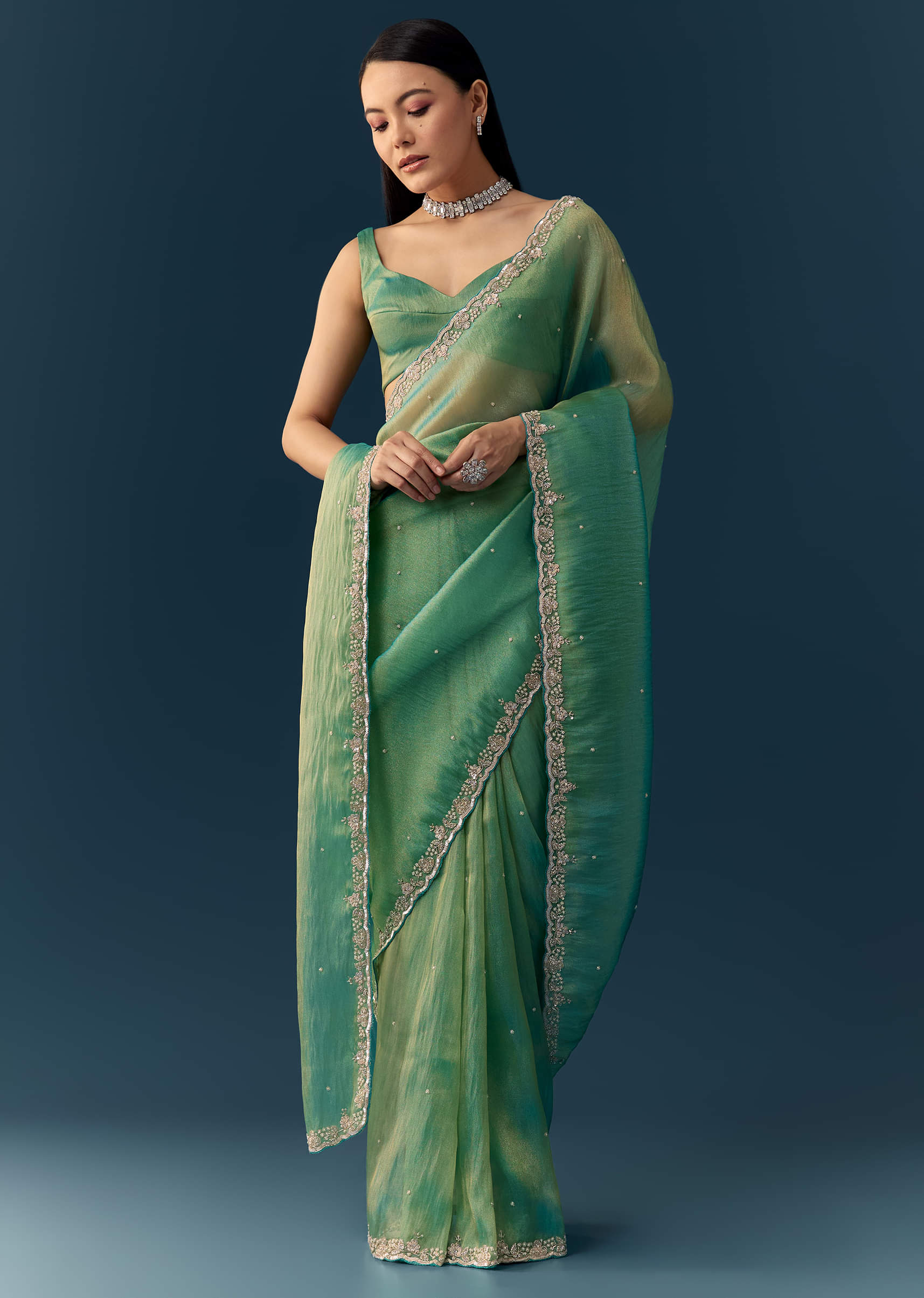 Sea Green Embroidered Tissue Saree with Unstitched Blouse - Image 3