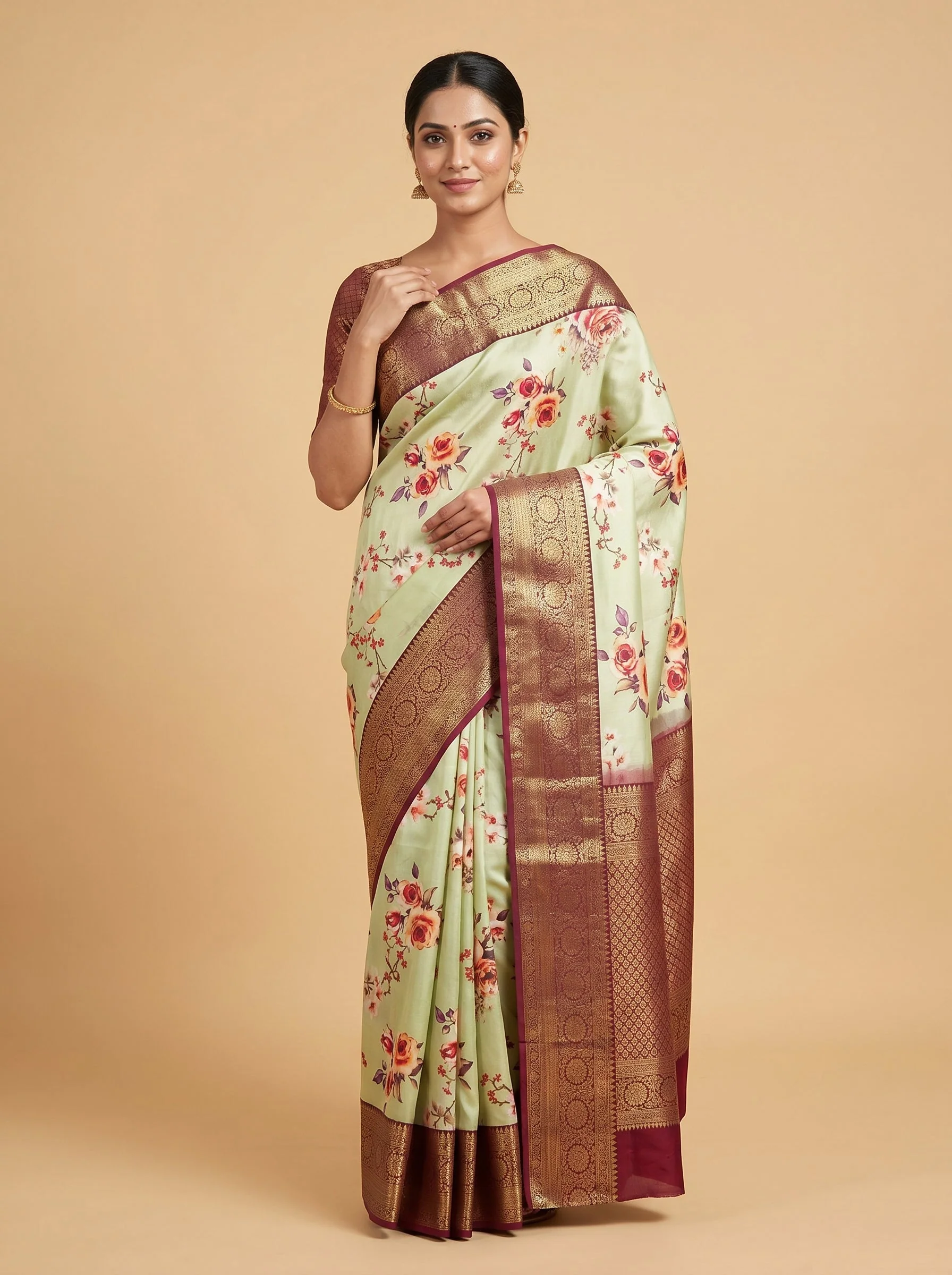 Sea Green Floral Printed Saree