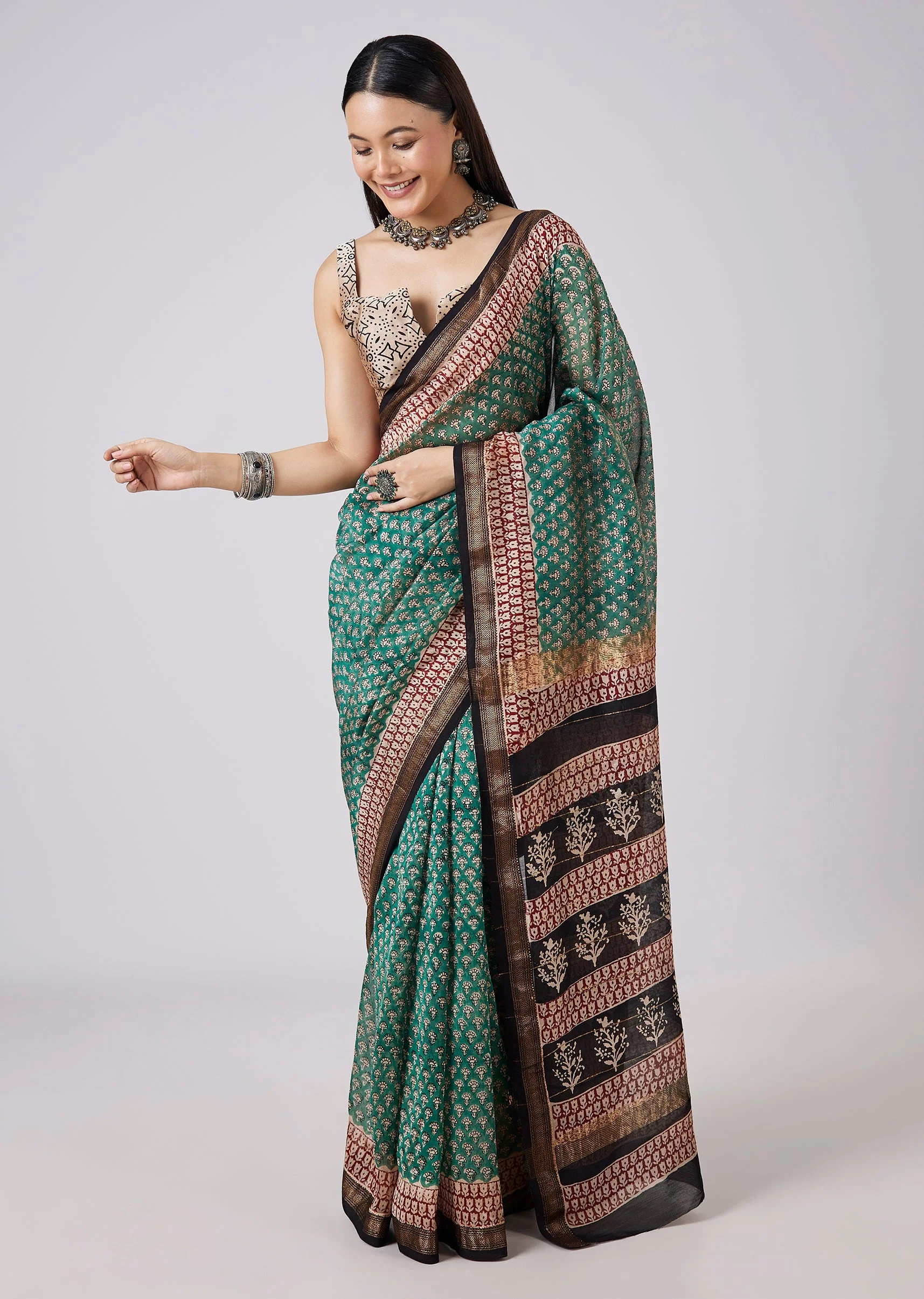 Sea Green Hand Painted Saree with Stitched Blouse