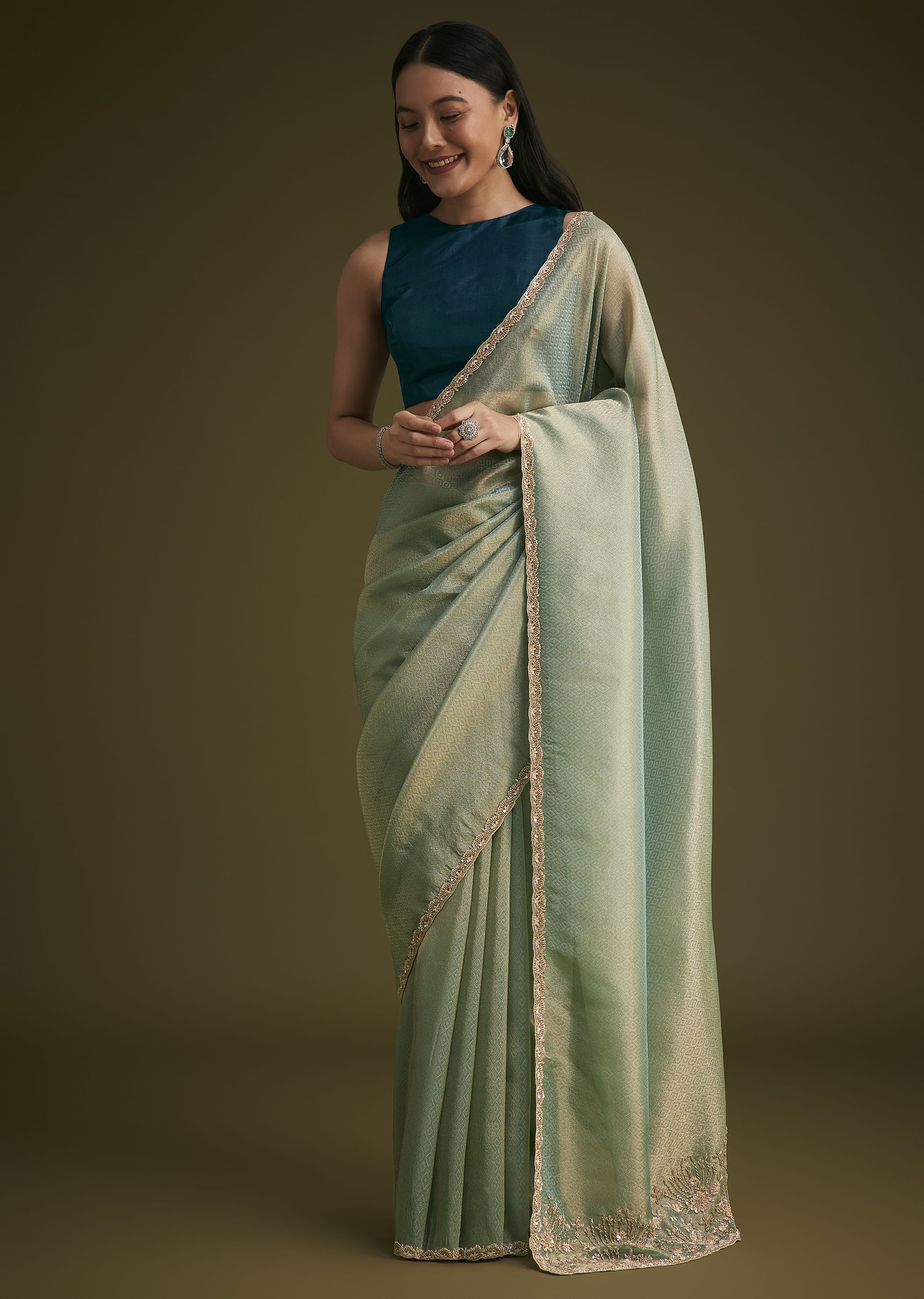 Sea Green Jacquard Sequins Saree With Cutdana Stones - Image 2