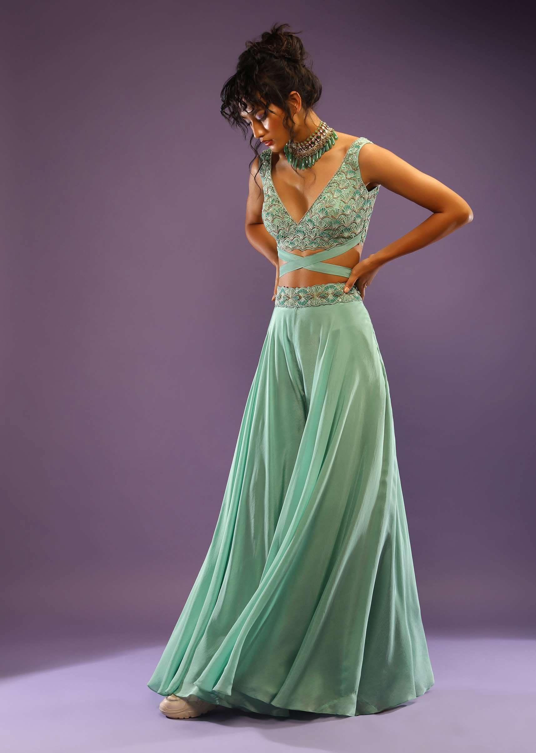 Sea Green Palazzo And Crop Top With Wrap Around Straps And Shaded Green Bead Work In Scallop Motifs - Image 3