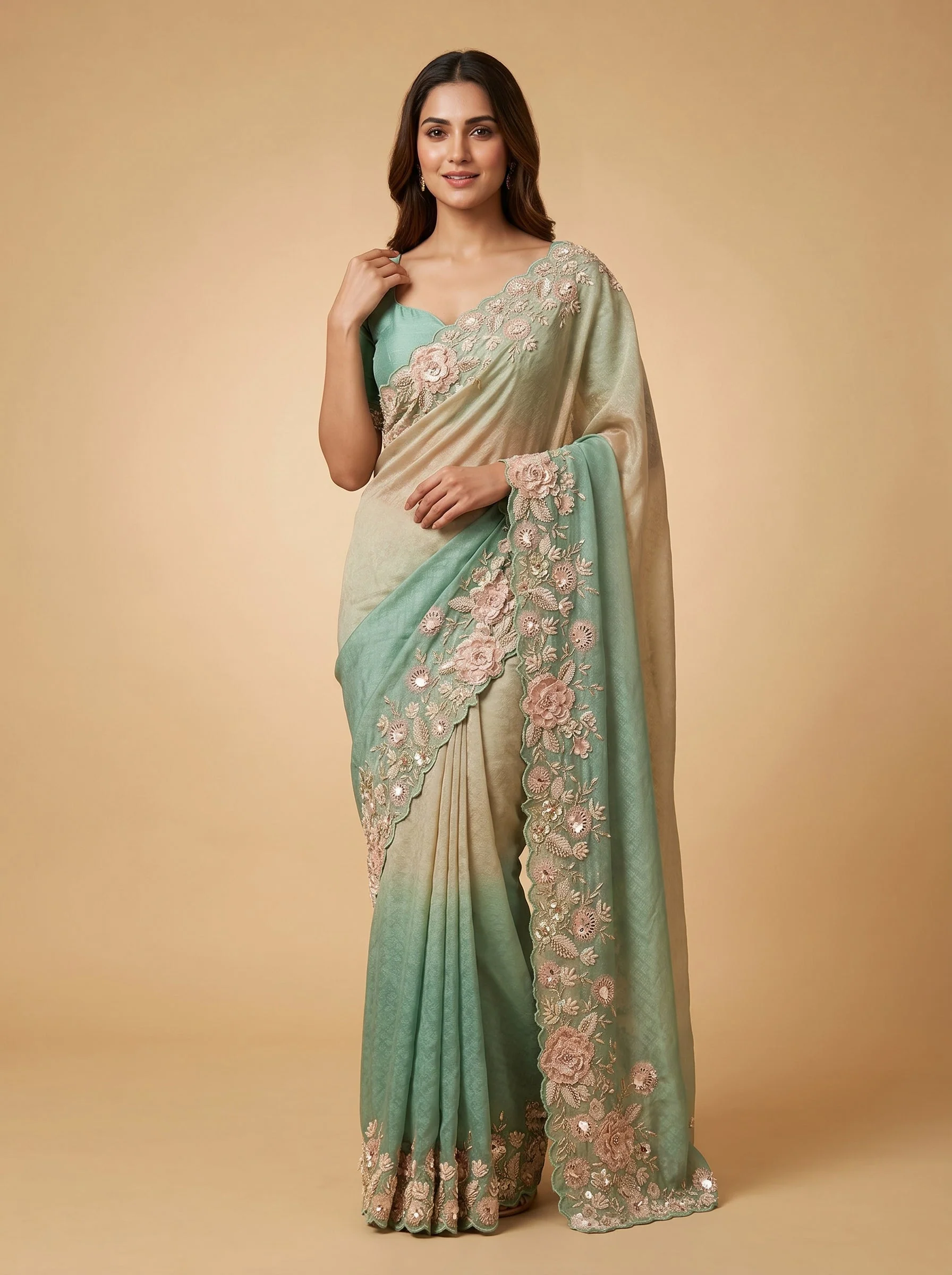 Sea Green Soft Finish Embroidered Saree