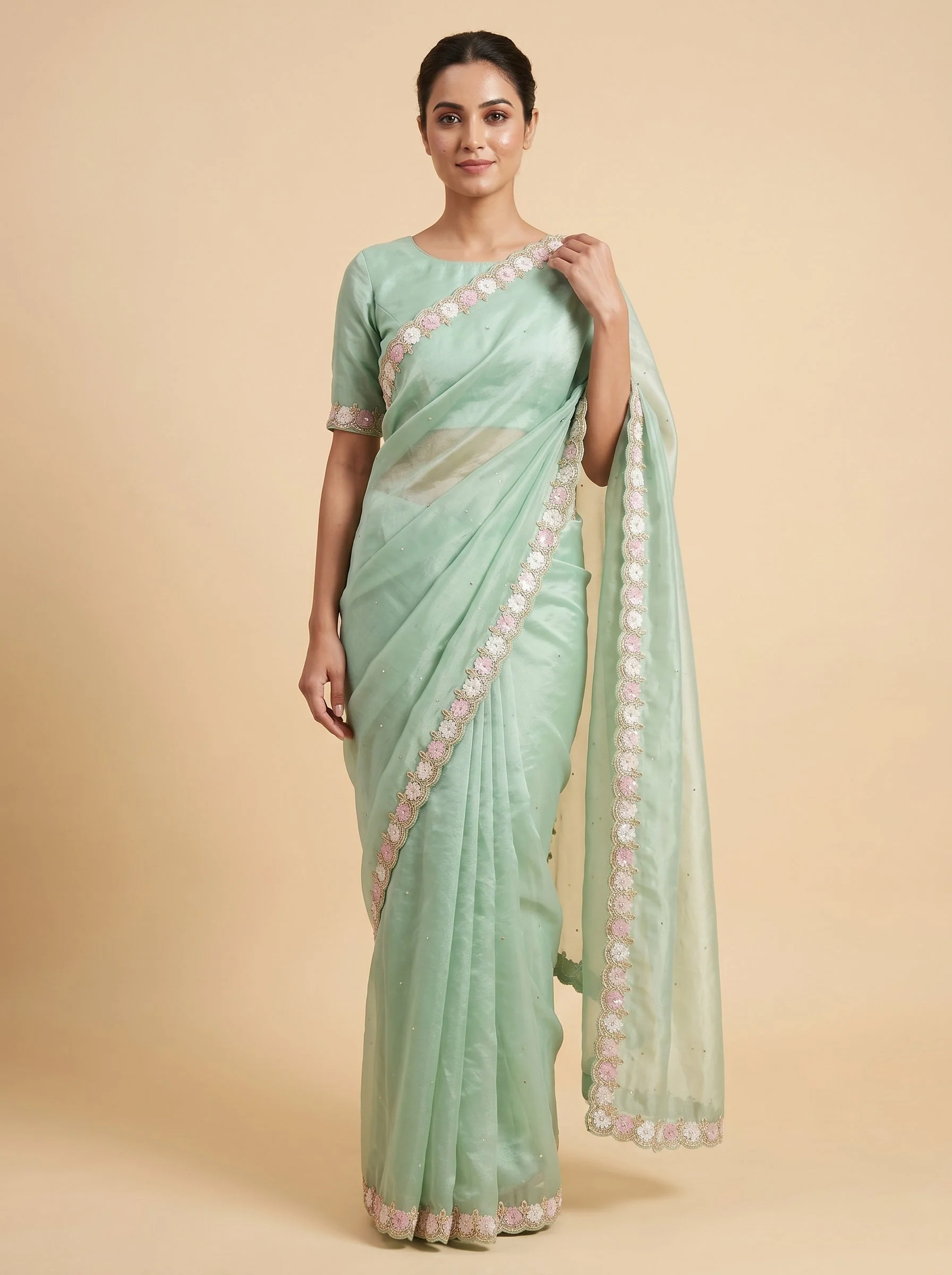 Sea Green Soft Glow Embroidered Saree