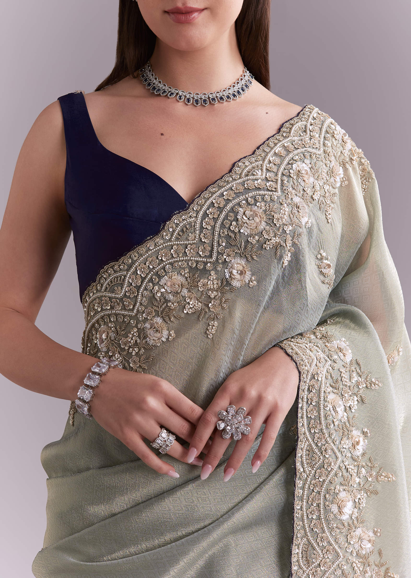 Sea Green Tissue Embroidered Saree With Floral Buttis - Image 2