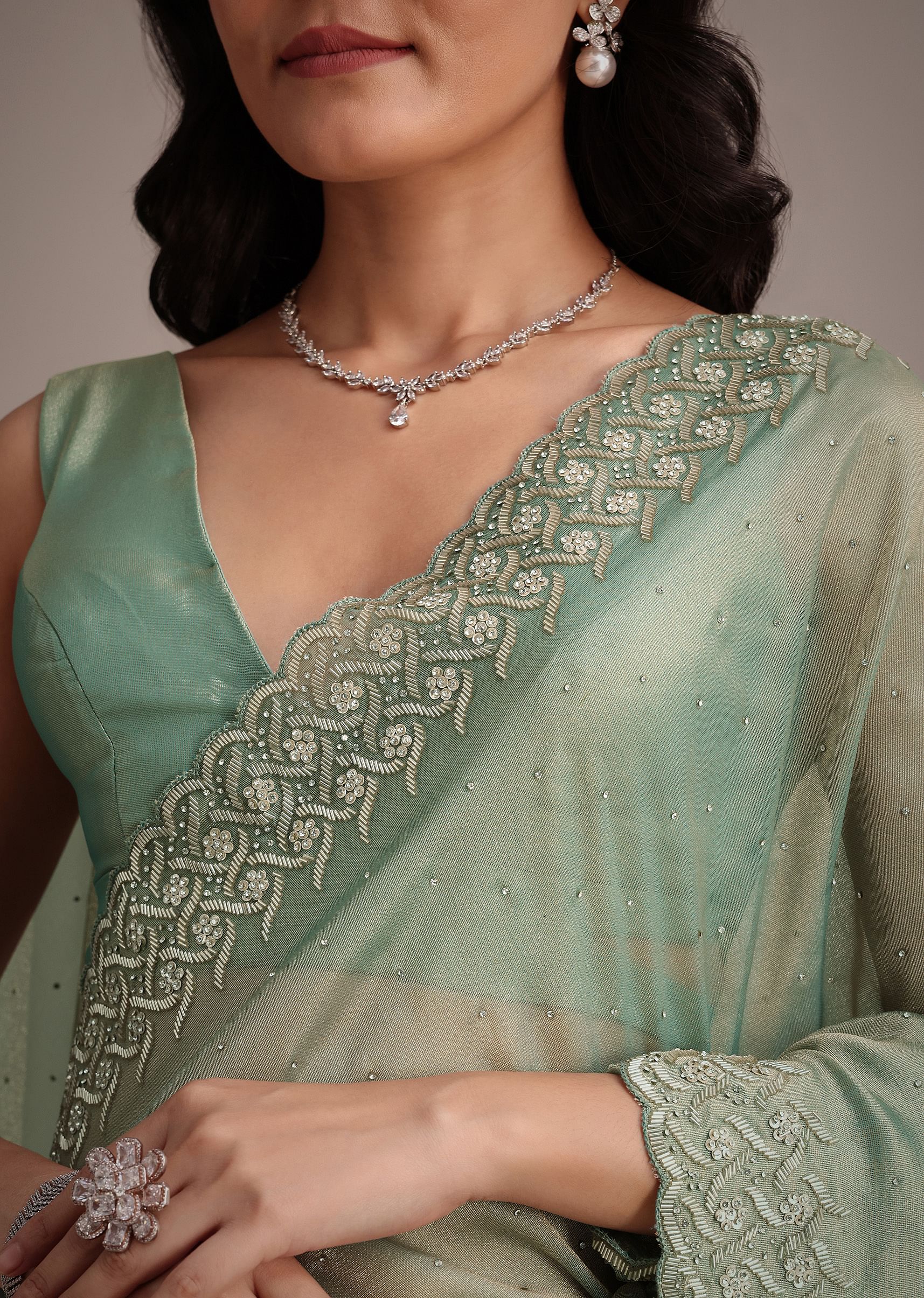 Sea Green Tissue Saree With Cutdana And Stone Embroidery - Image 2