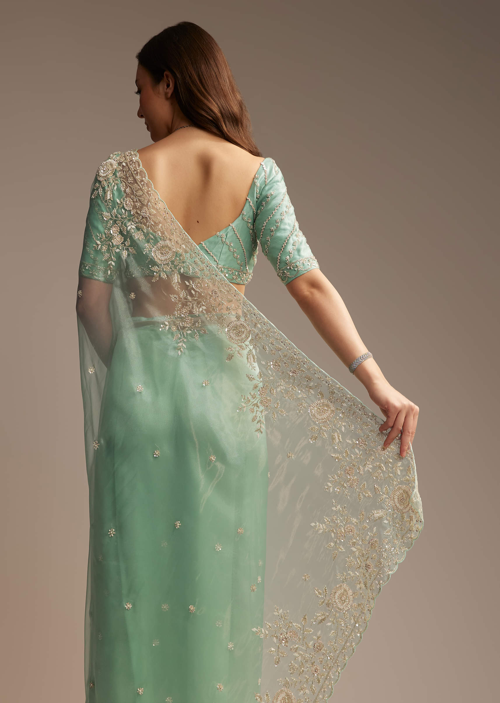 Sea Green Tissue Saree with Cutdana Embroidery - Image 3