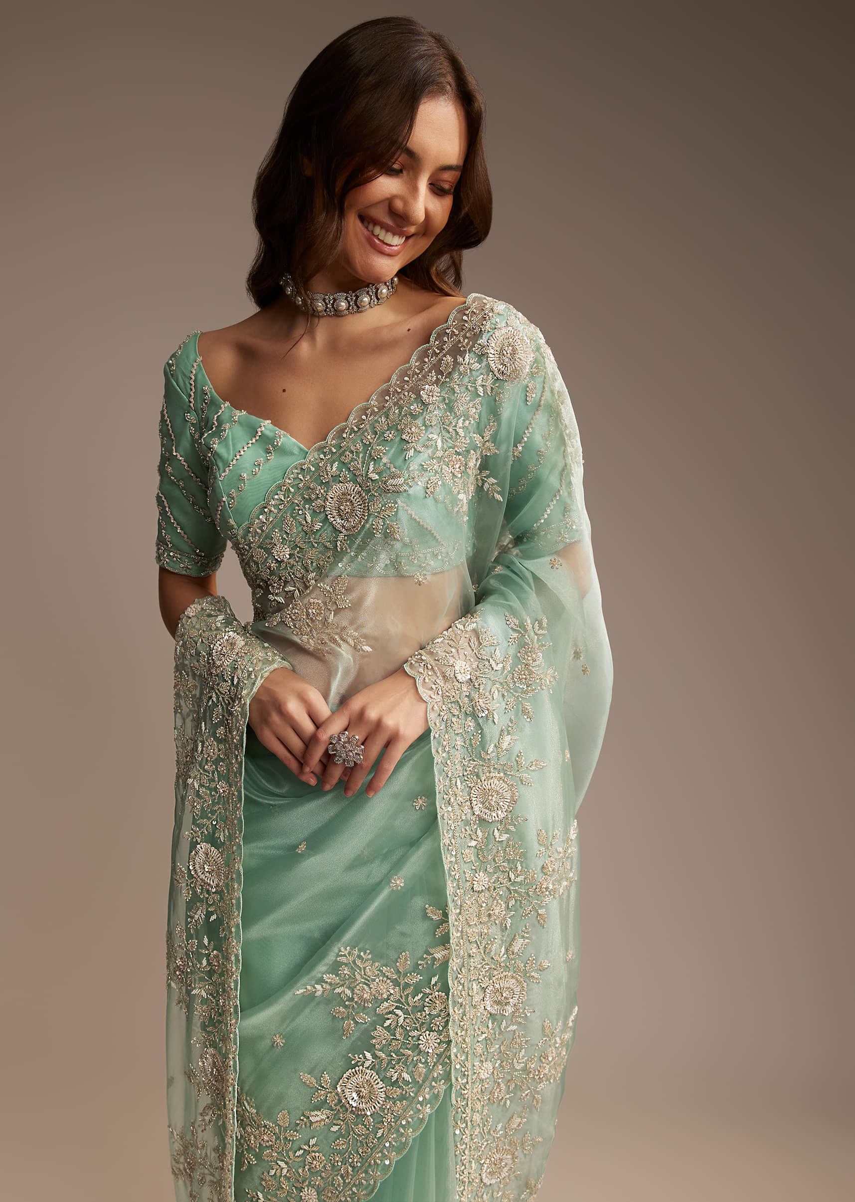 Sea Green Tissue Saree with Cutdana Embroidery - Image 4