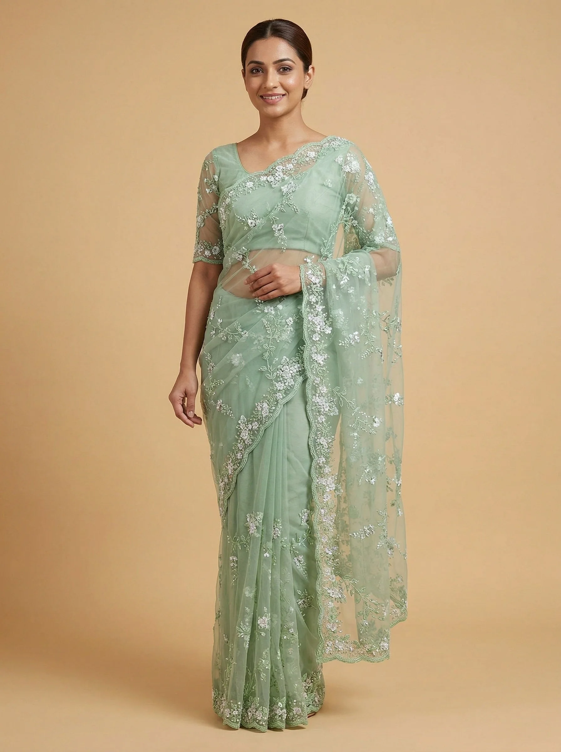 Sea Green Wind-Kissed Embroidered Saree