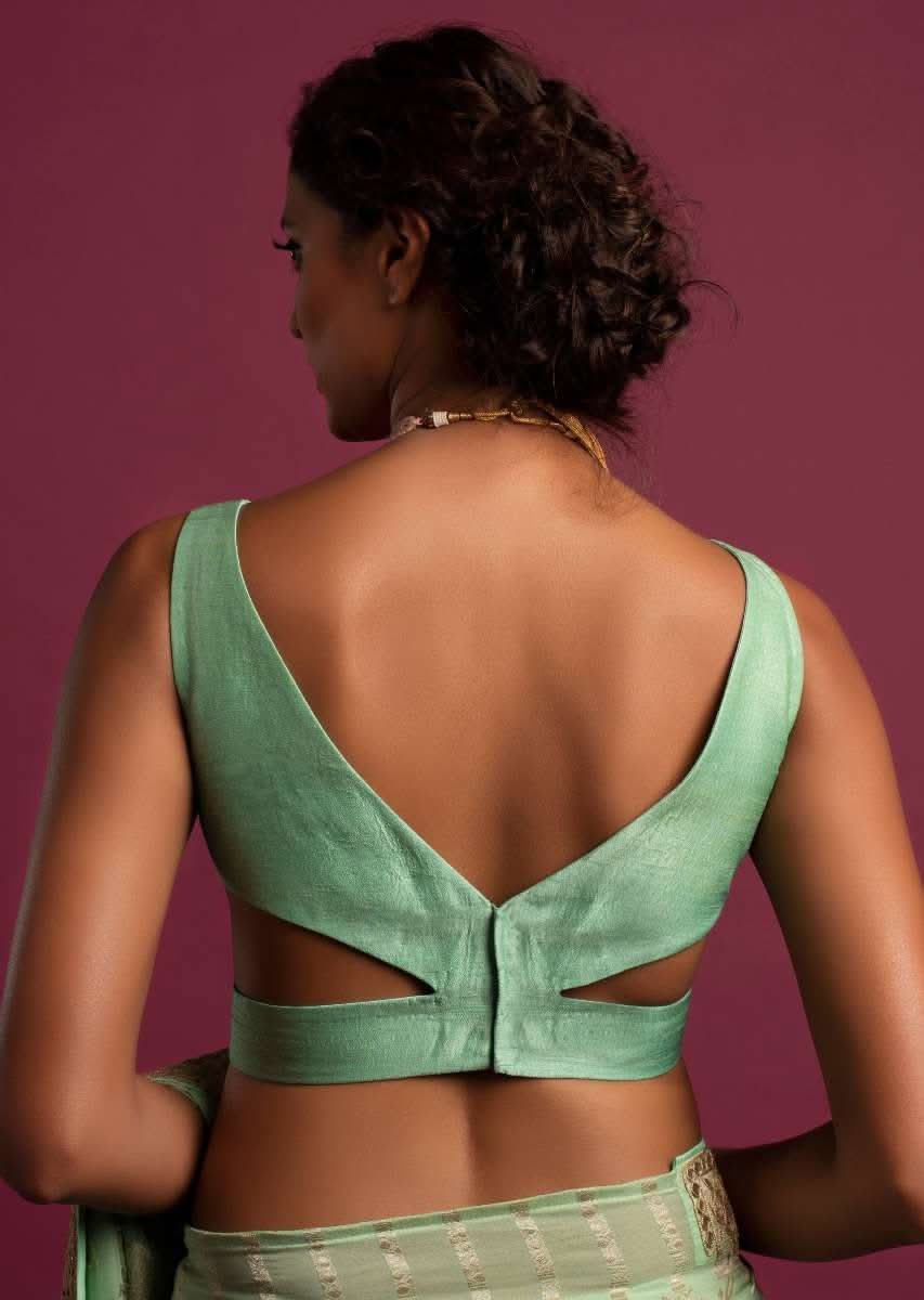 Seafoam Green Blouse In Raw Silk With Curved V Neckline In The Front And Back - Image 2
