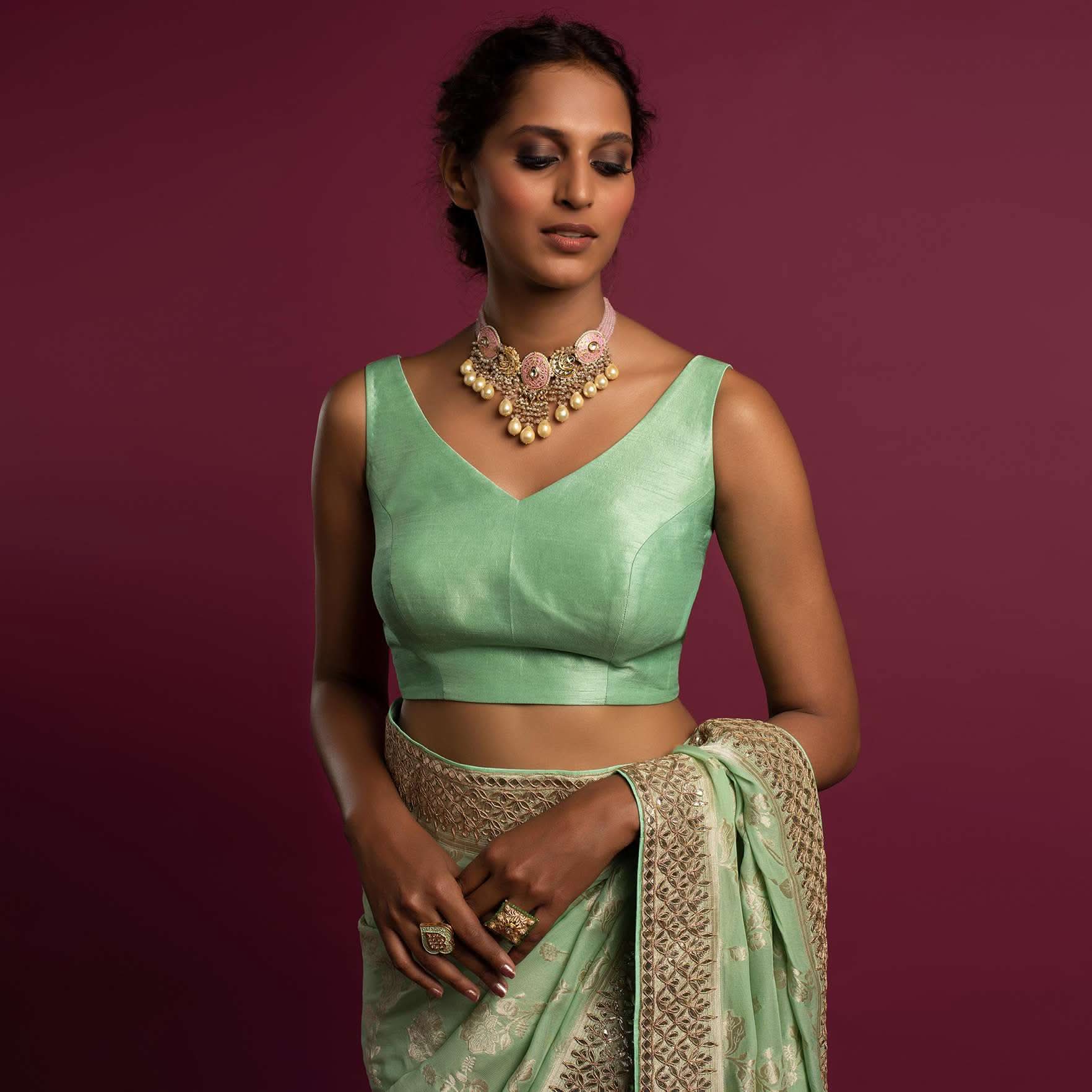 Seafoam Green Blouse In Raw Silk With Curved V Neckline In The Front And Back - Image 3
