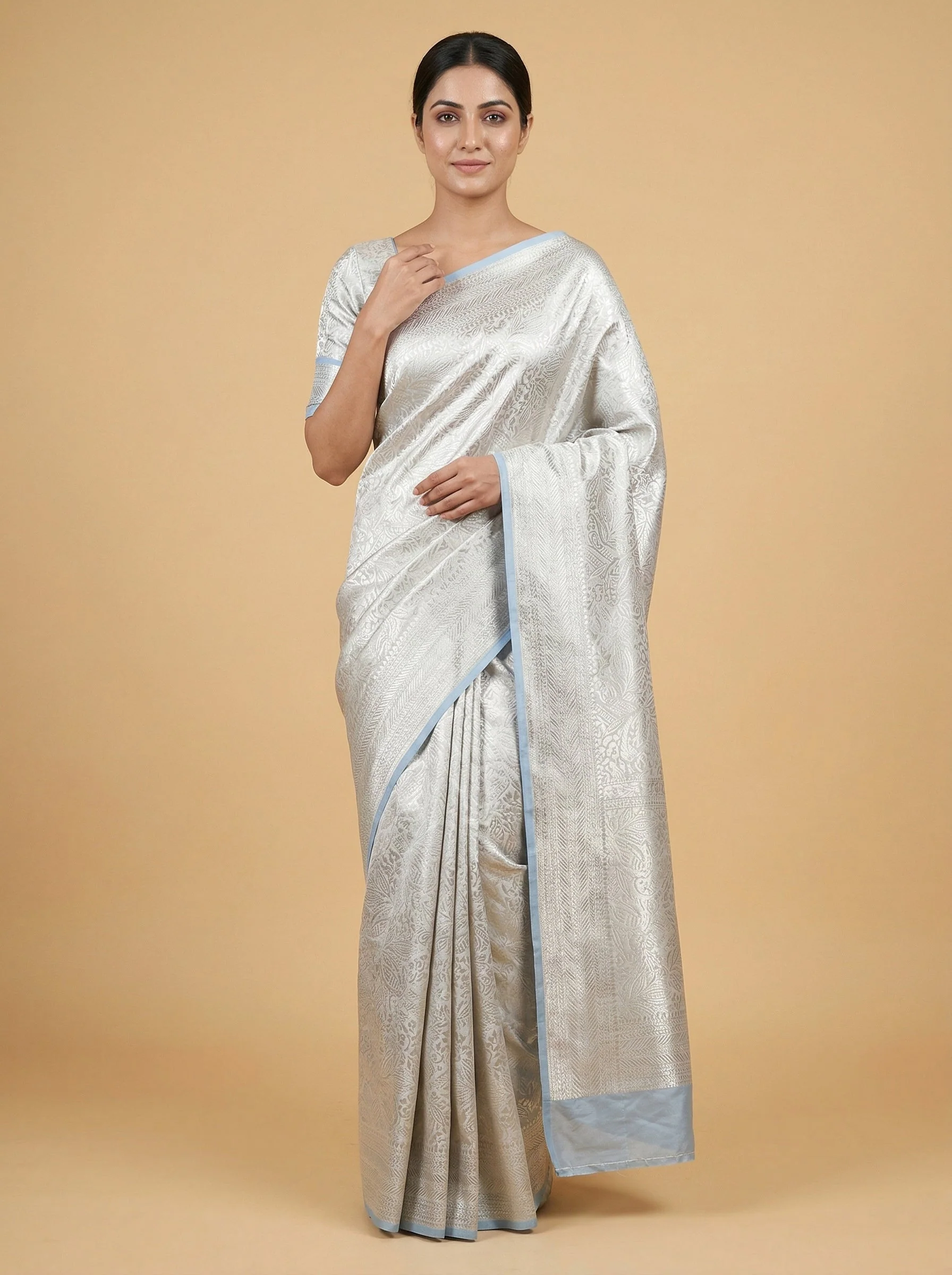 Seafoam Silver Pista Handloom Saree