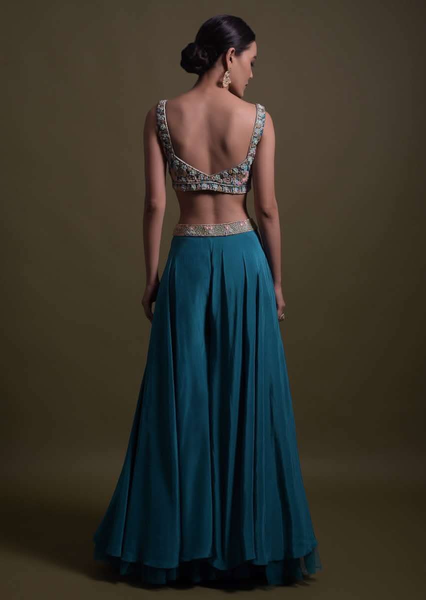 Seaside Blue Crop Top And Palazzo With Embossed Embroidery And Hand Crafted Cape - Image 5