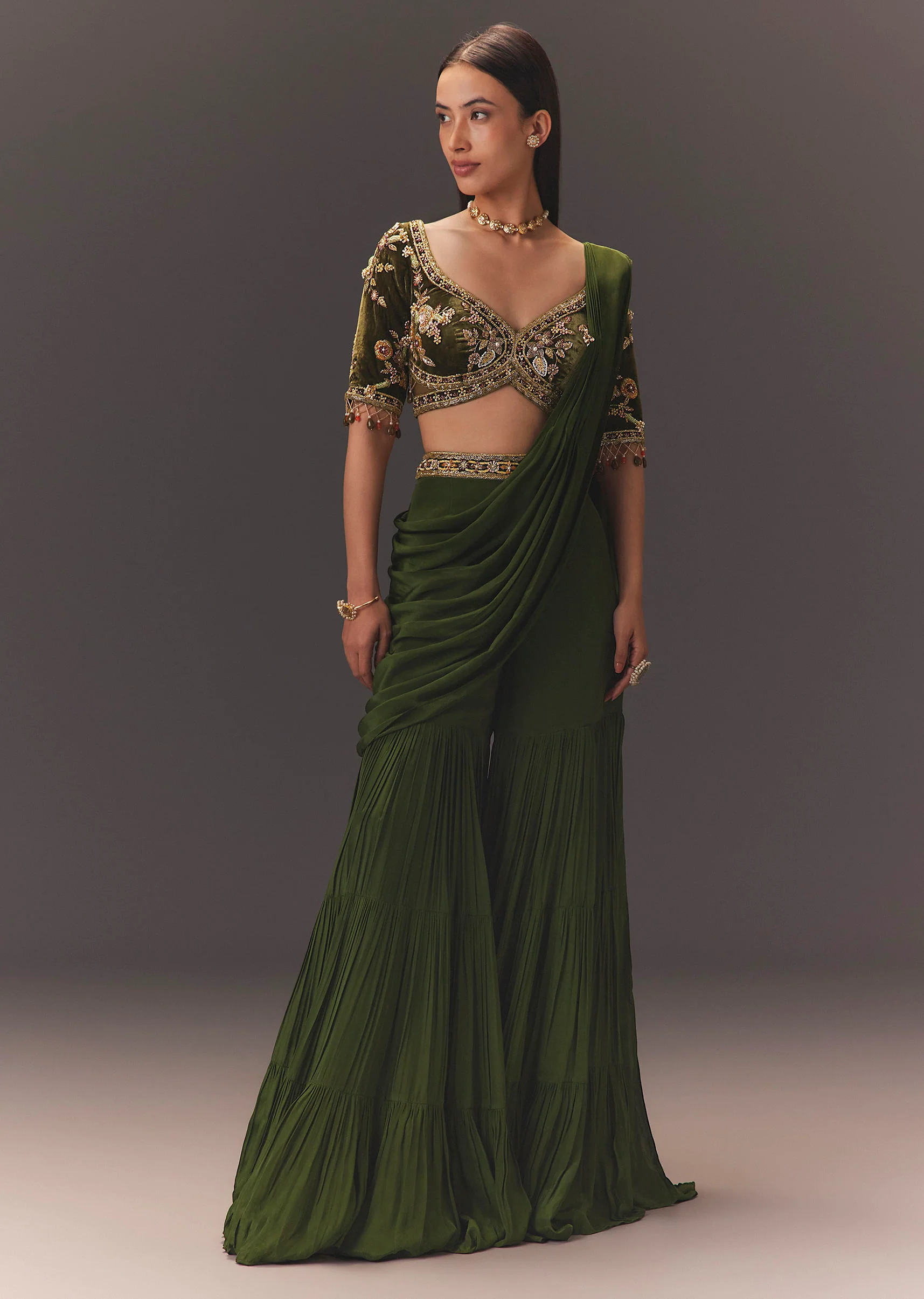 Seaweed Green Hand Embroidered Drape Pallu Style Sharara Set - Image 3