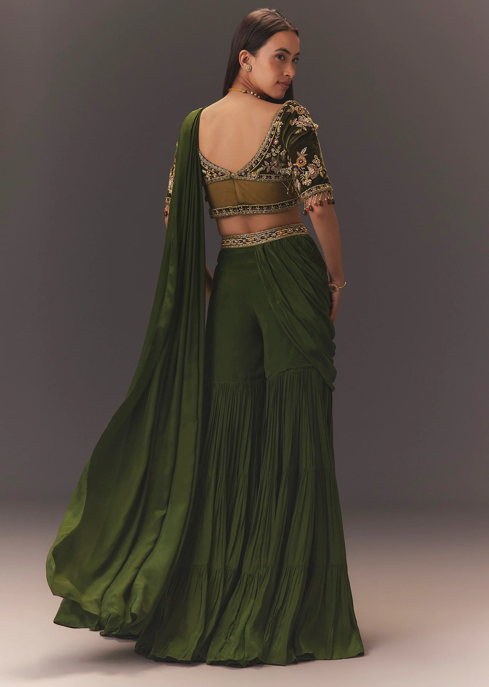 Seaweed Green Hand Embroidered Drape Pallu Style Sharara Set - Image 5