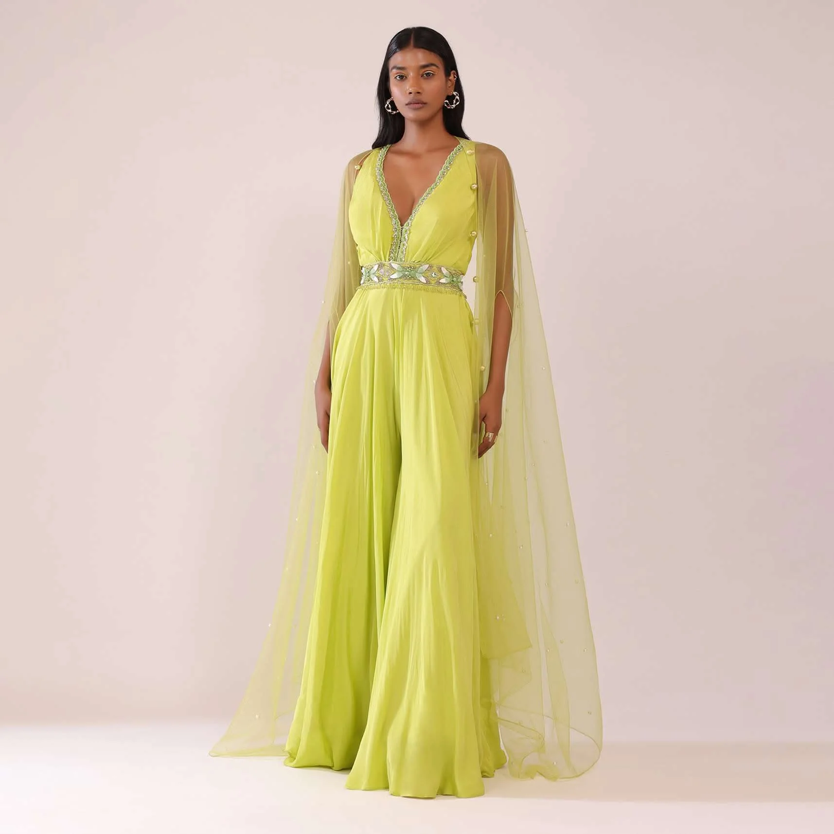 Sheen Green Crepe Jumpsuit And Net Shrug With A Crystal Bead Embroidered Belt - Image 2