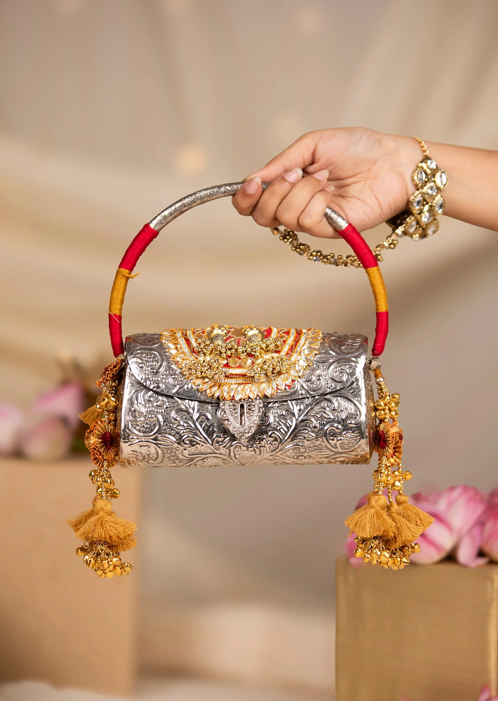 Silver and Gold Embossed Metal Bag