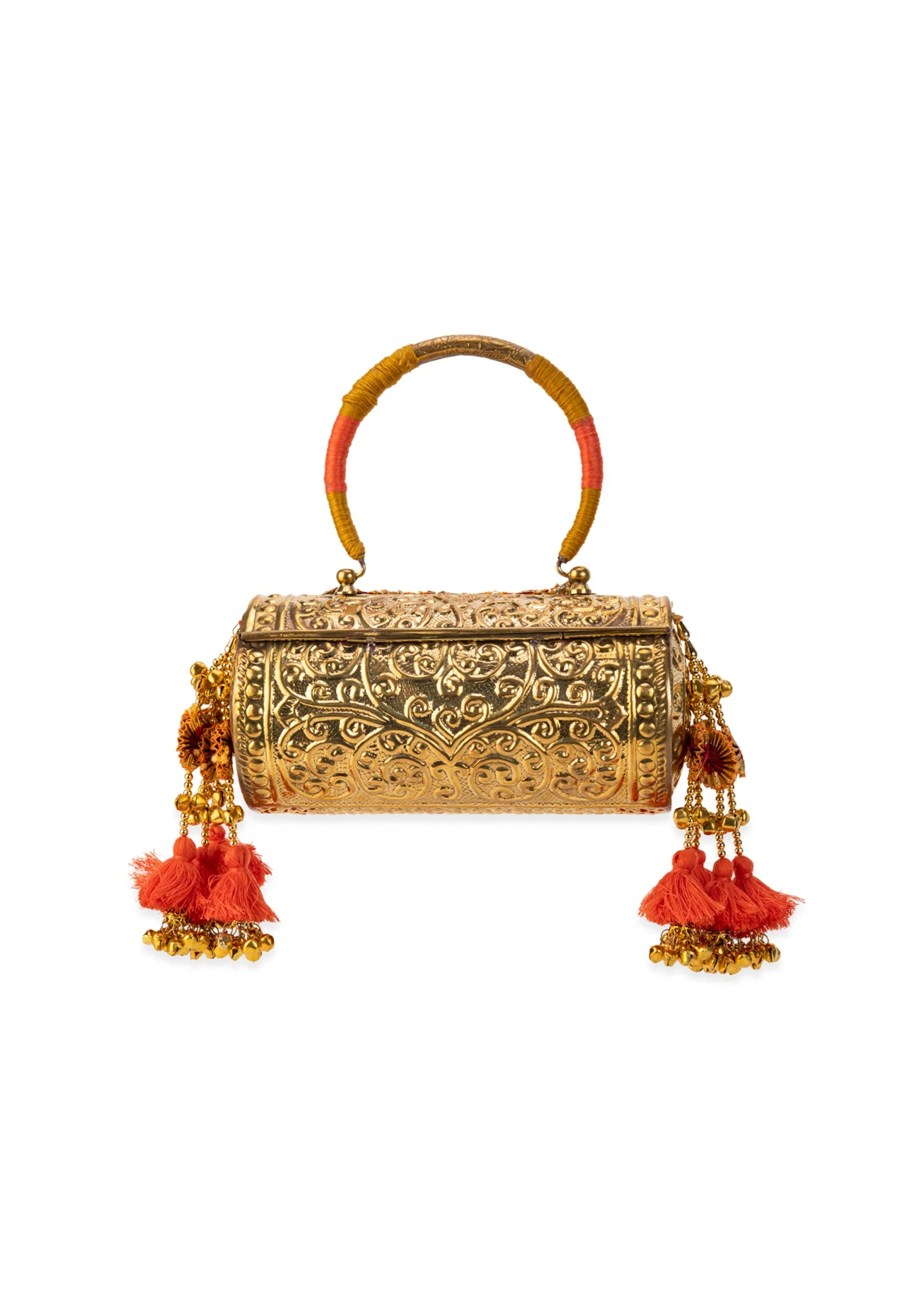 Silver and Gold Embossed Textured Metal Bag with Tassels - Image 3