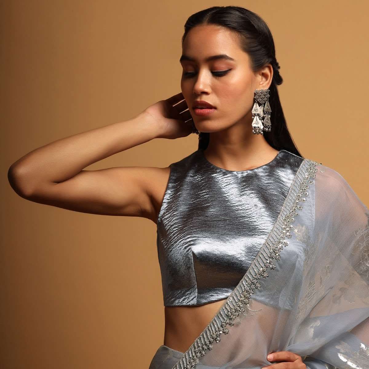 Silver Blue Crop Top In Milano Satin With Curved Hemline And Incut Sleeves - Image 2