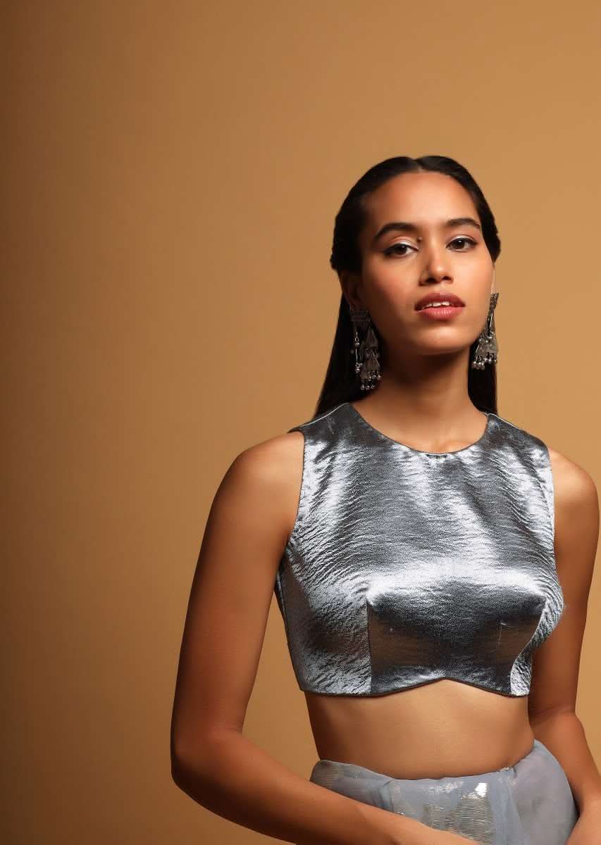 Silver Blue Crop Top In Milano Satin With Curved Hemline And Incut Sleeves - Image 3