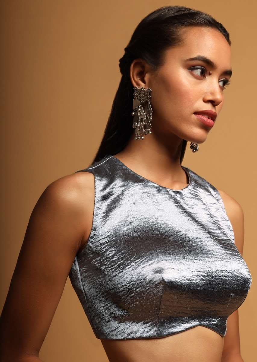 Silver Blue Crop Top In Milano Satin With Curved Hemline And Incut Sleeves - Image 4