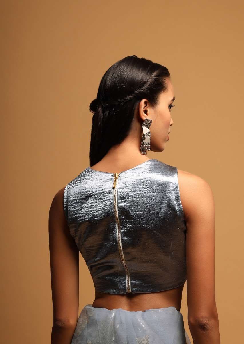 Silver Blue Crop Top In Milano Satin With Curved Hemline And Incut Sleeves - Image 5