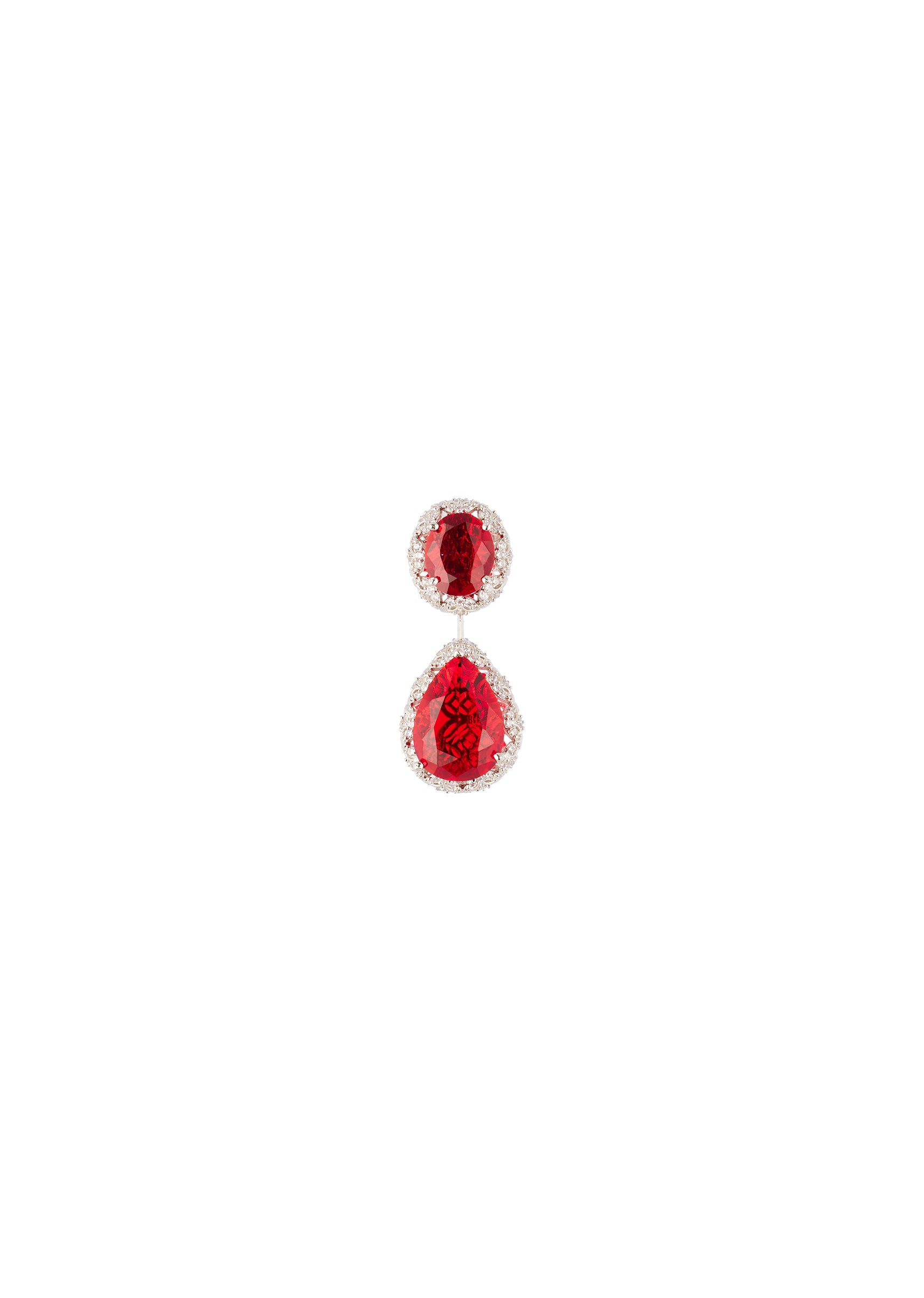 Silver Finish Double Emerald Cut Drop Earrings With Red Simulated Stones and Pavé Set Crystal Borders - Image 2