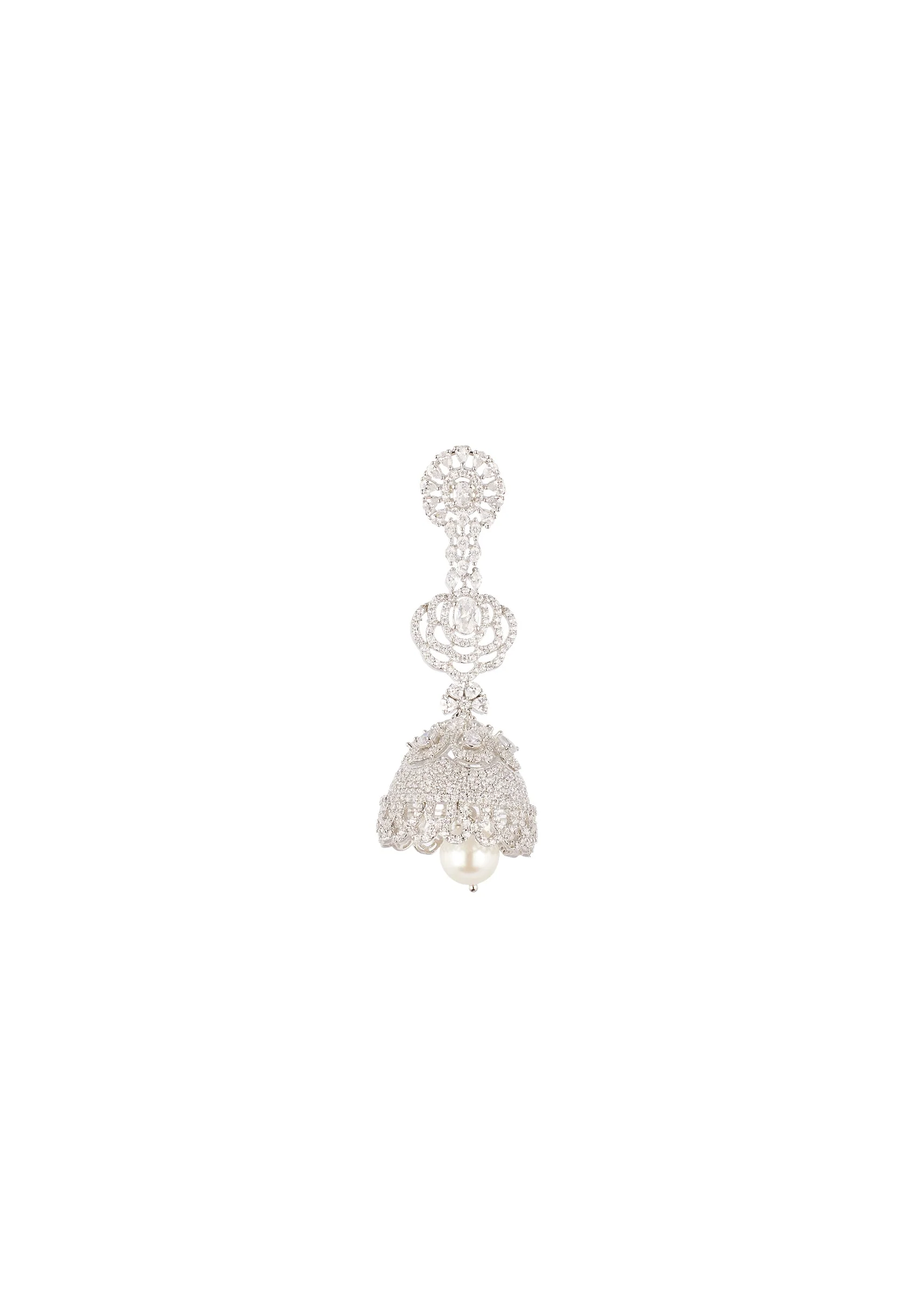 Silver Finish Earrings In Mix Metal With Jhumka Style Cubic Zirconia And Faux Pearl Drop - Image 3