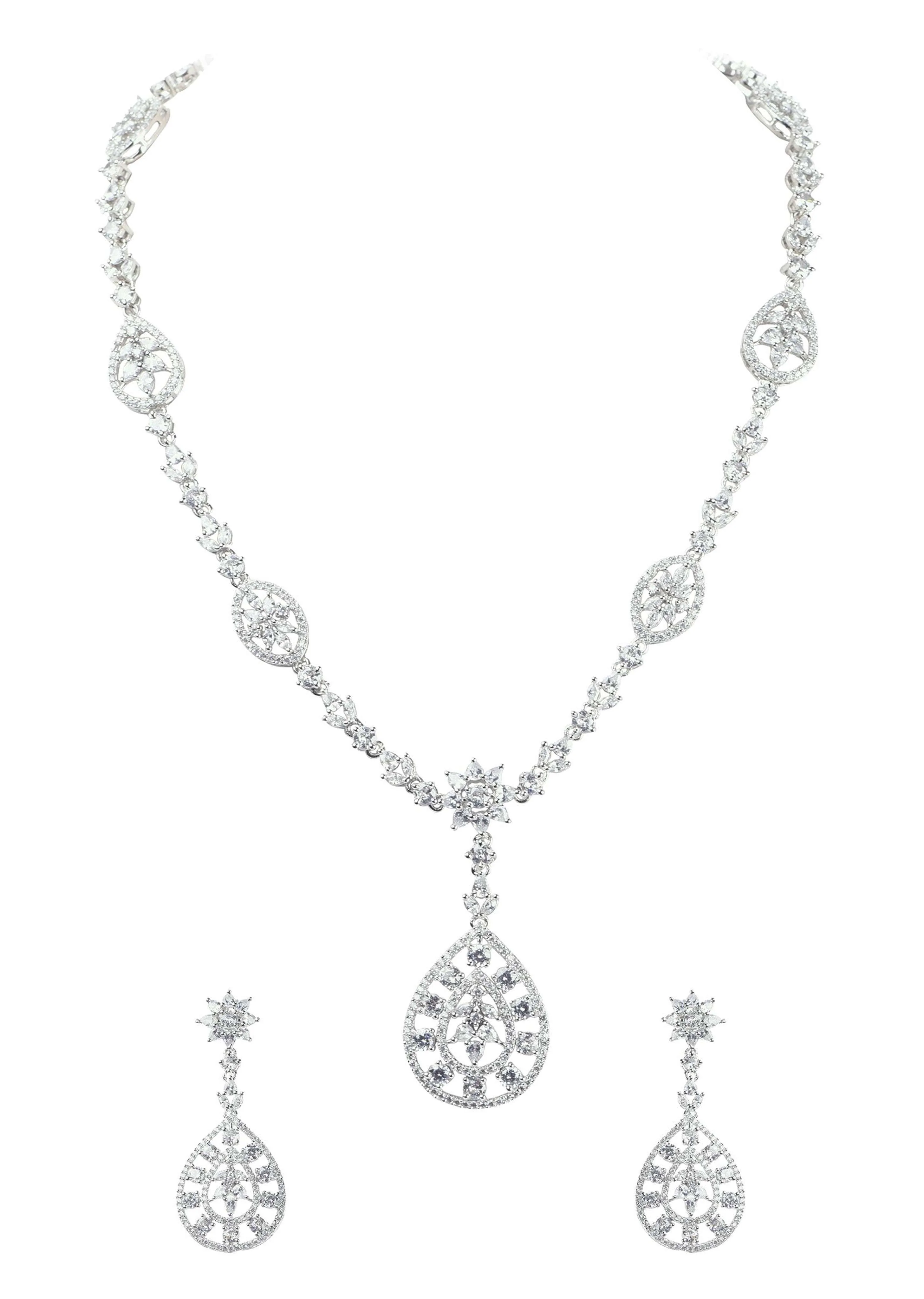 Silver Finish Necklace And Earring Set In Mix Metal With Faux Diamonds