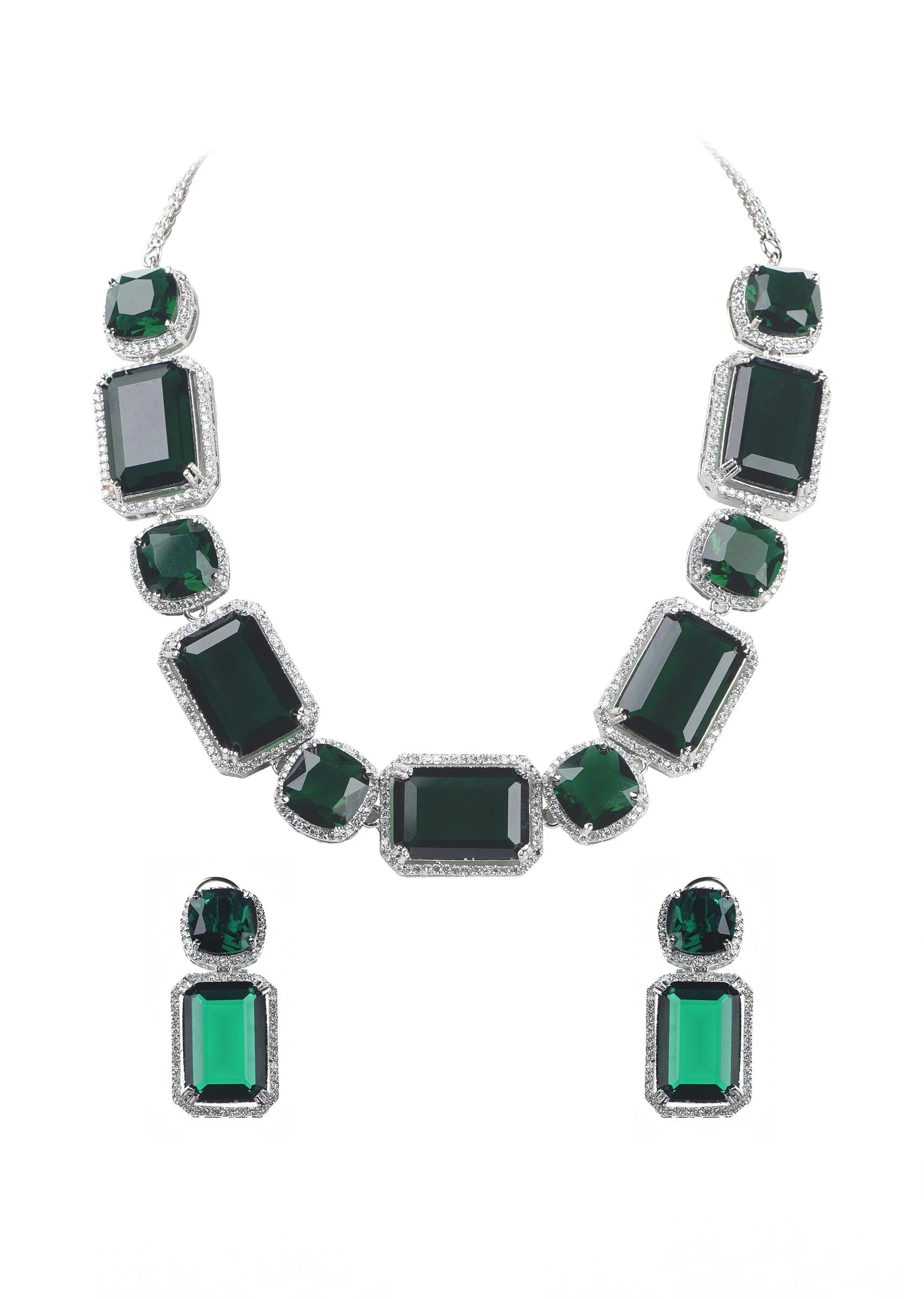 Silver Finish Necklace And Earring Set Studded With Green Synthetic Stones - Image 3