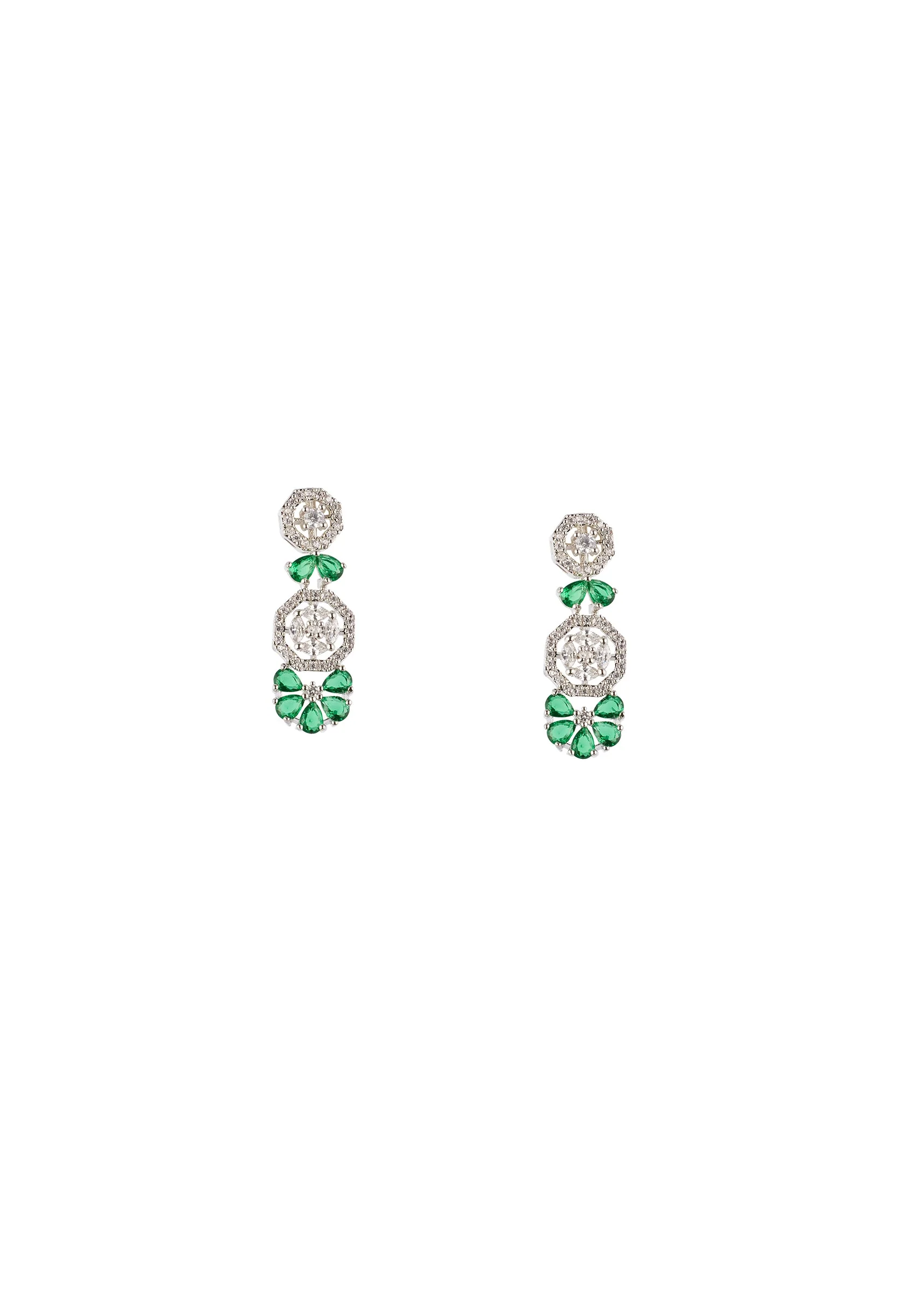 Silver Finish Necklace Set In Mix Metal With Elegant Floral Style And Green Simulated Emerald And Cubic Zirconia Accents - Image 3