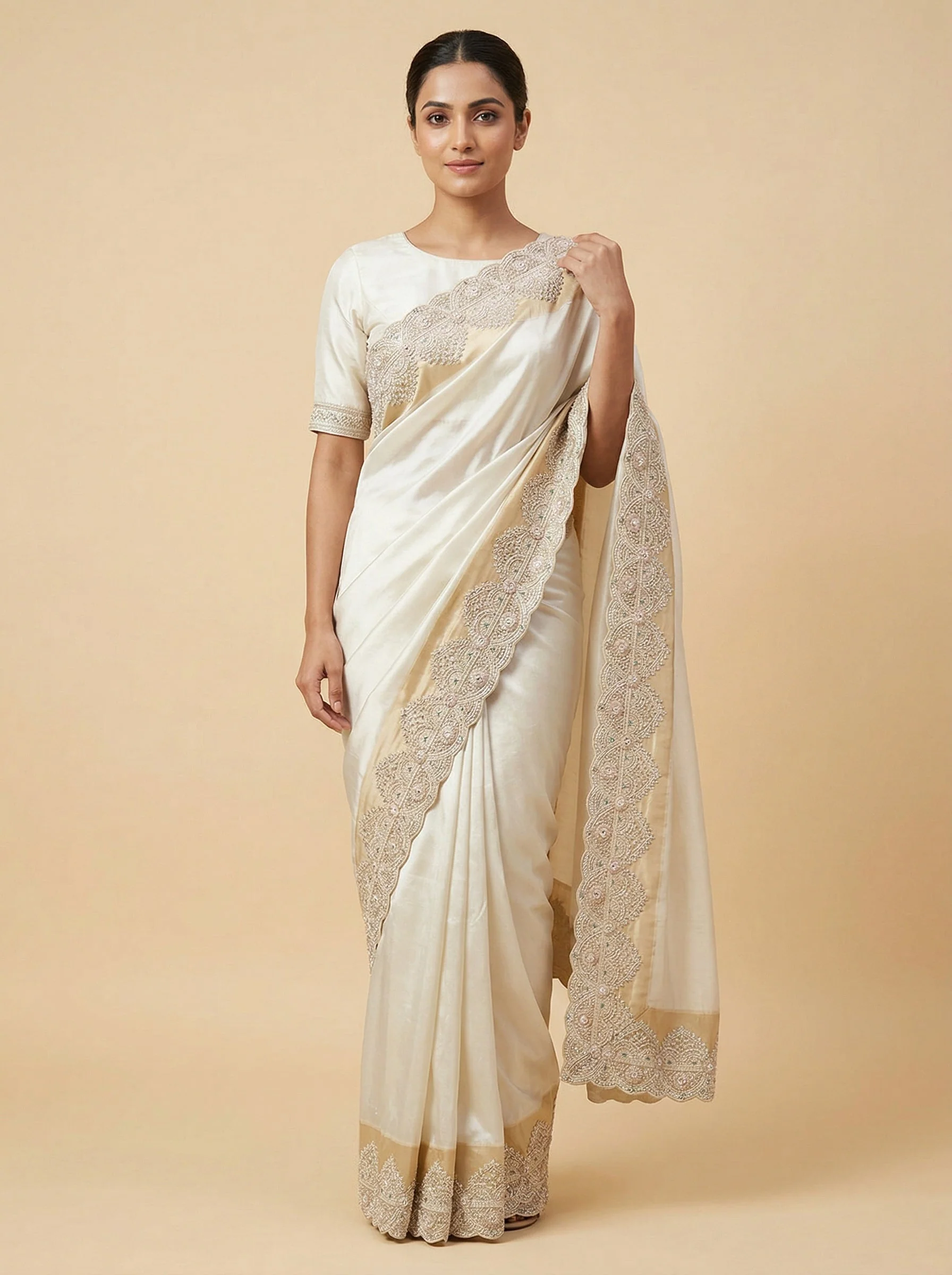 Silver Gold Dual Tone Embroidered Saree