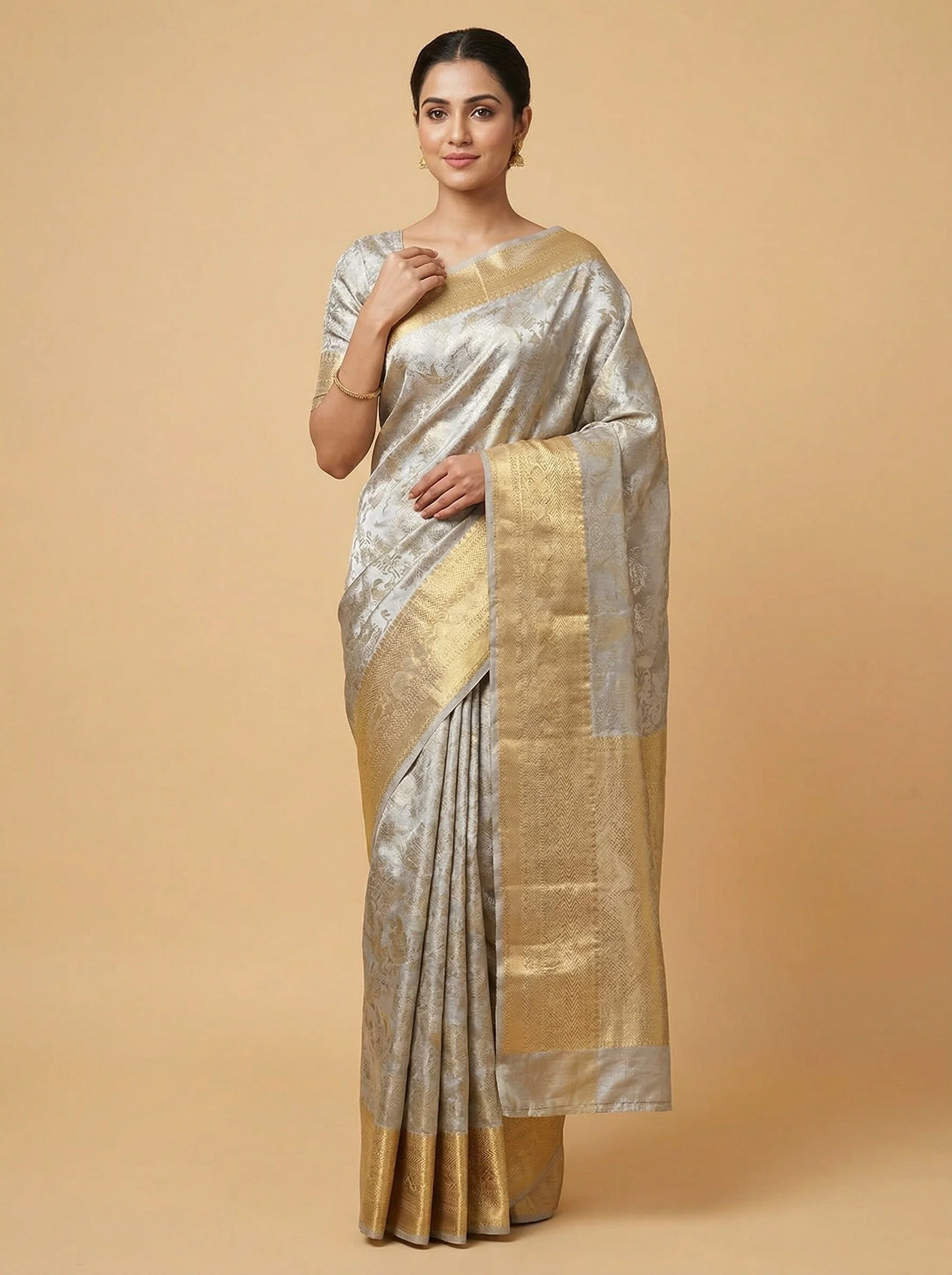 Silver Golden Lit Handloom Saree