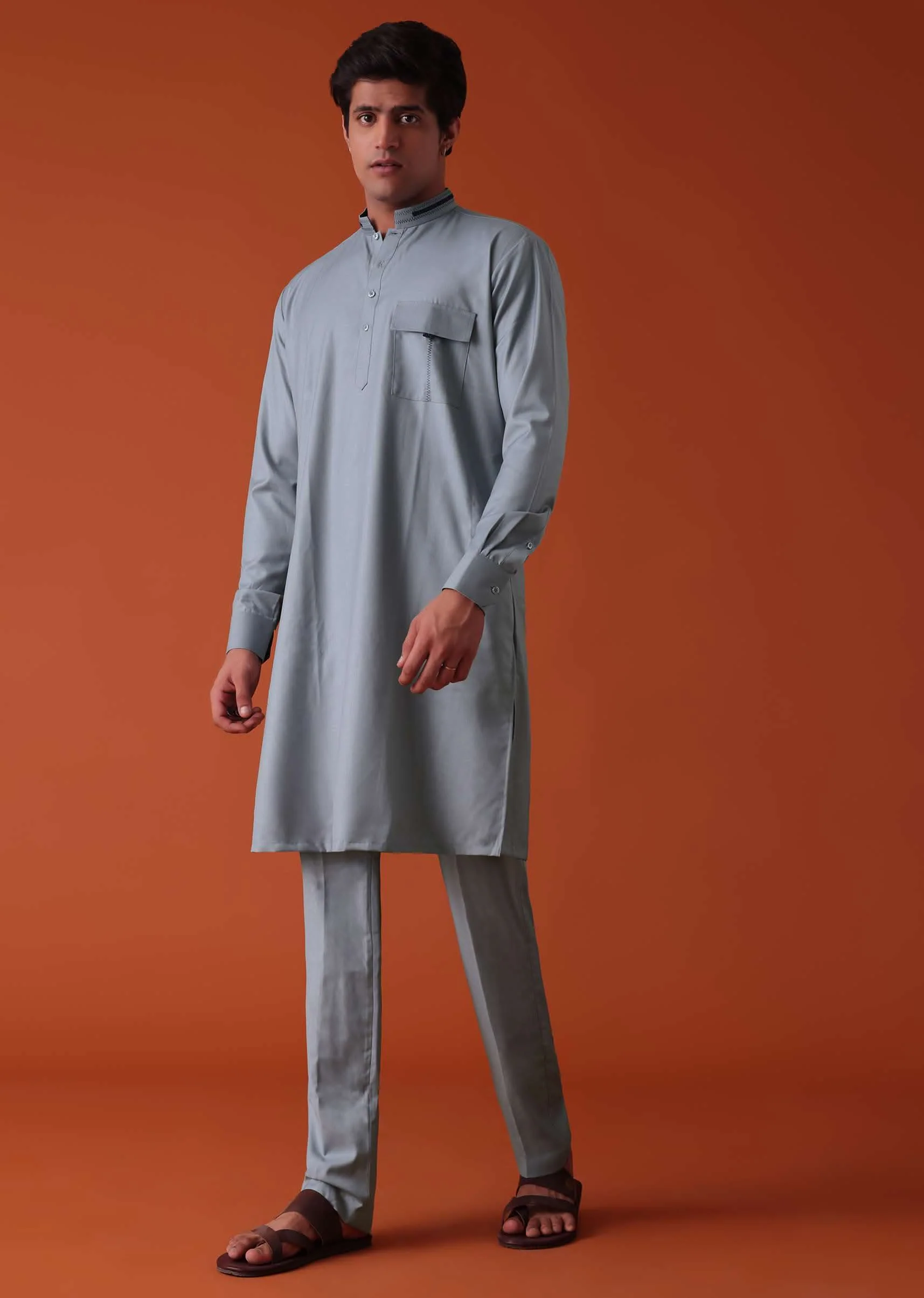 Silver Grey Pathani Kurta Set In Terry Rayon WIth Threadwork - Image 4