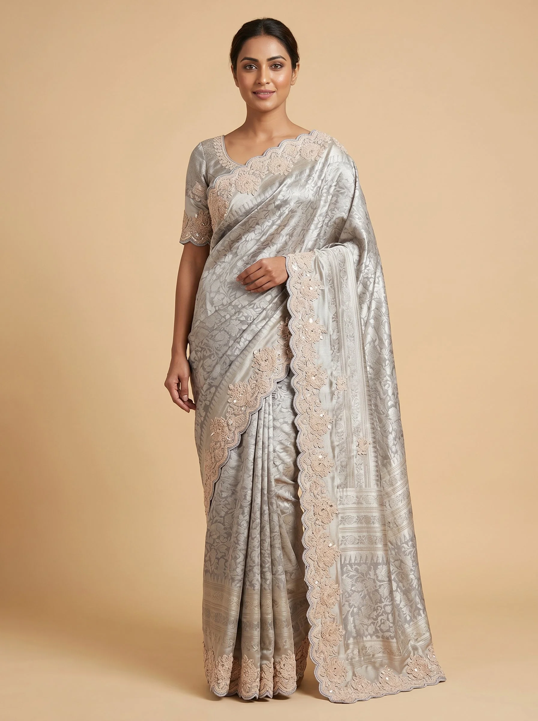 Silver Grey Subtle Embroidered Saree