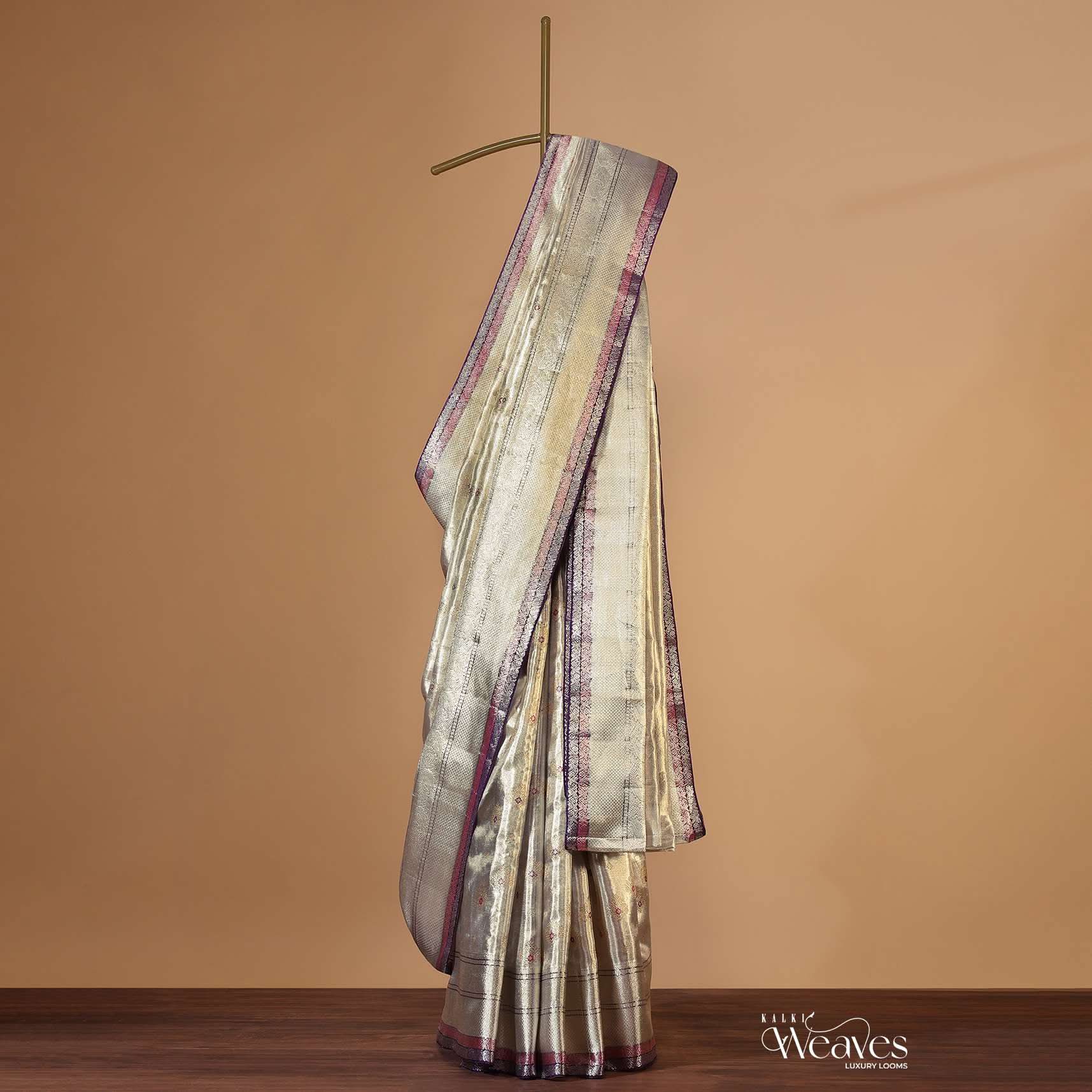 Silver Kanchipuram Tissue Silk Saree In Meena Weave With 14gm Real Zari And Unstitched Blouse - Image 6