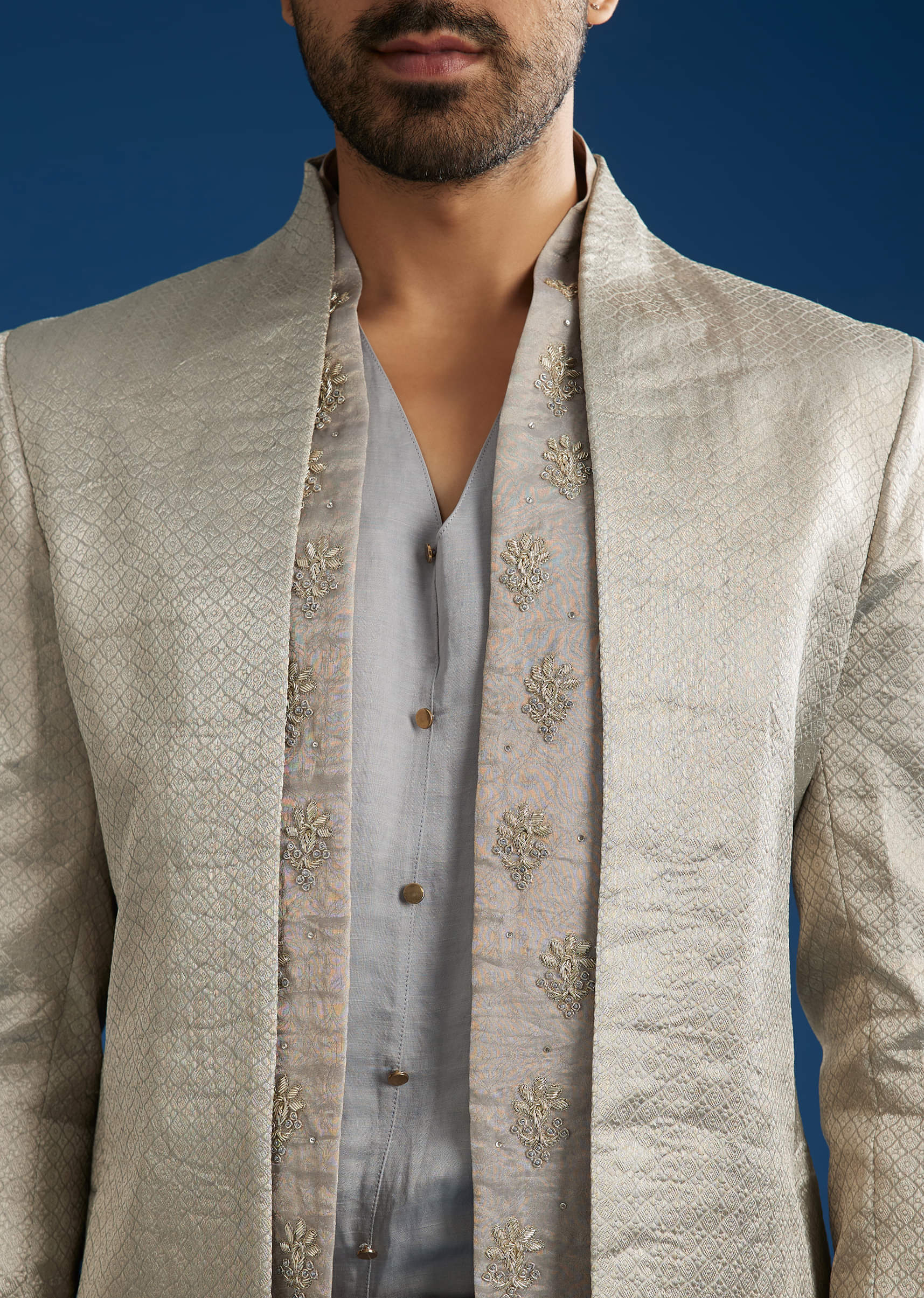 Silver Linen Satin Banarasi Jacket Kurta Set With Hand Embroidery - Image 2