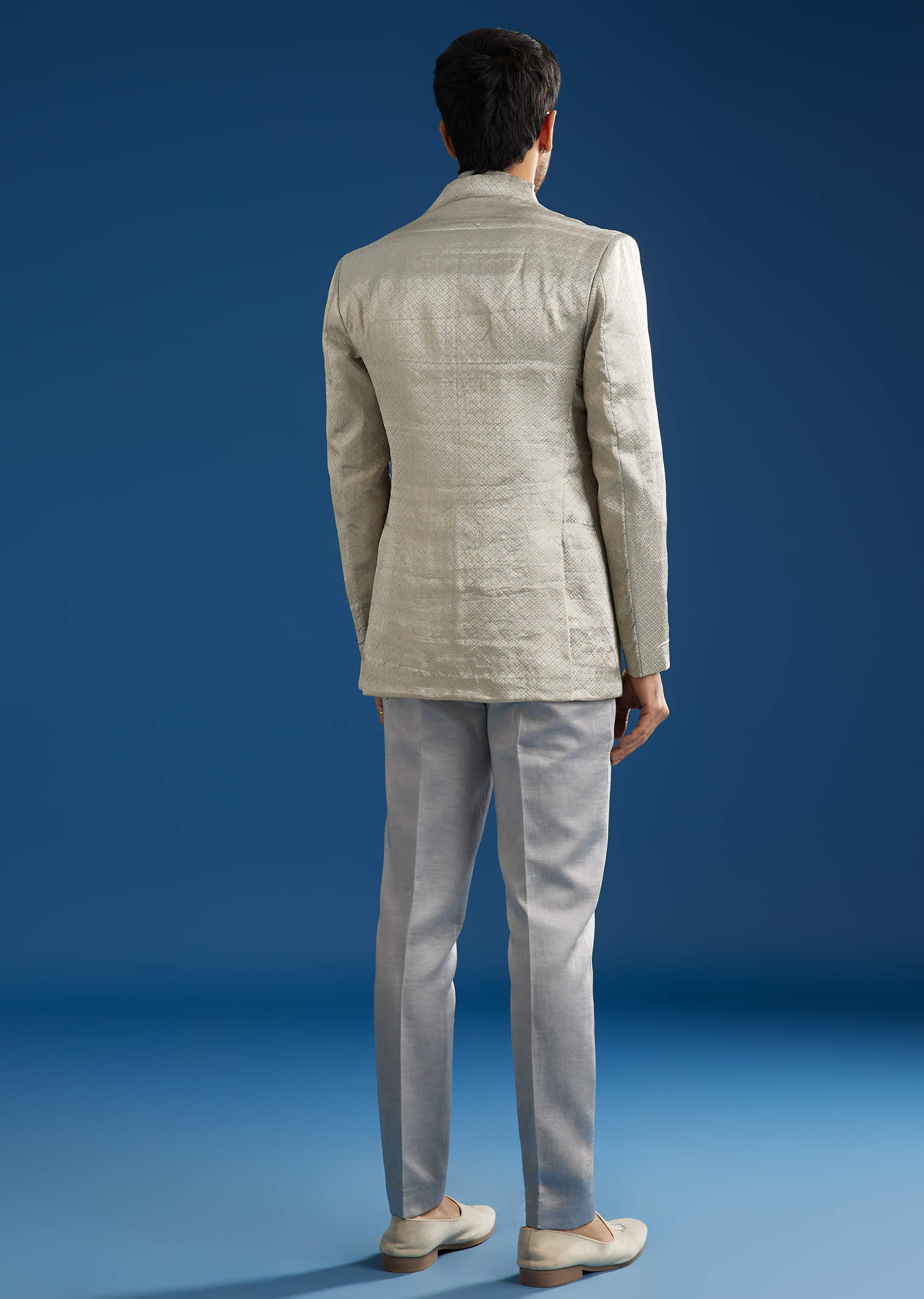 Silver Linen Satin Banarasi Jacket Kurta Set With Hand Embroidery - Image 5
