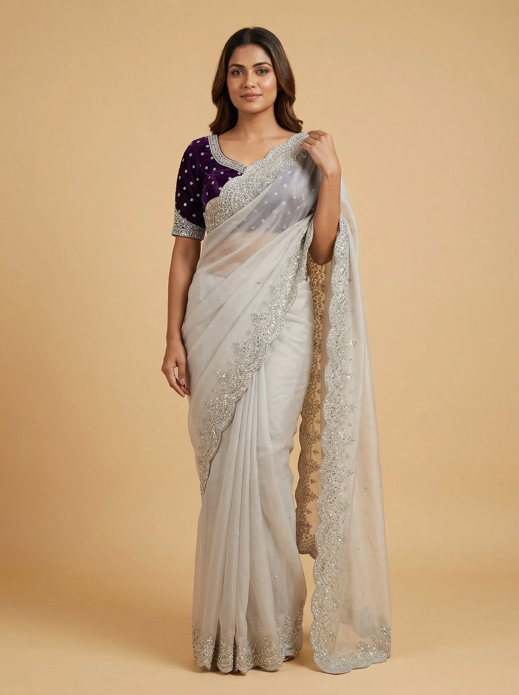Silver Lustrous Embroidered Saree