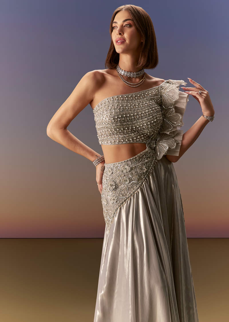 Silver One Shoulder Gown With Intricate Cut Dana Embroidery - Image 5