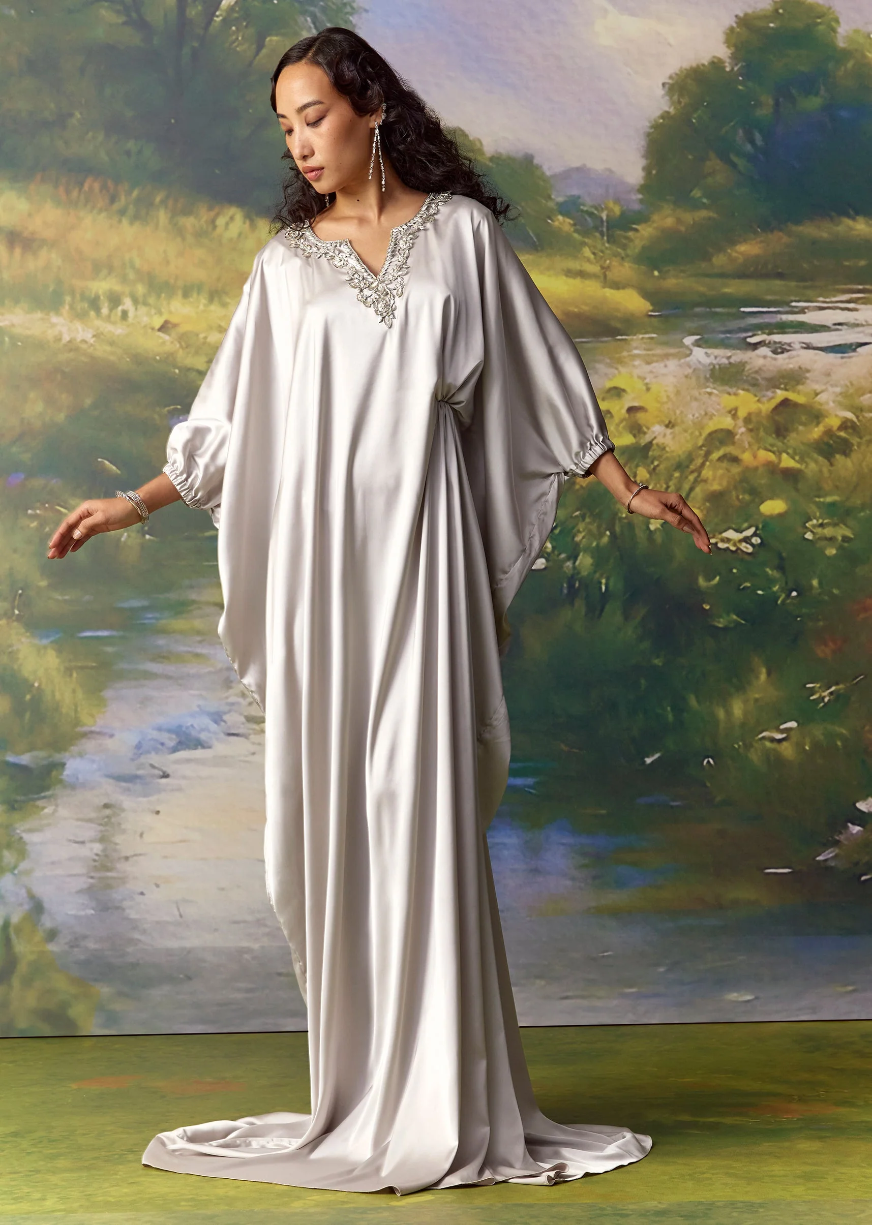 Silver Satin Metal Embellished Kaftan Set