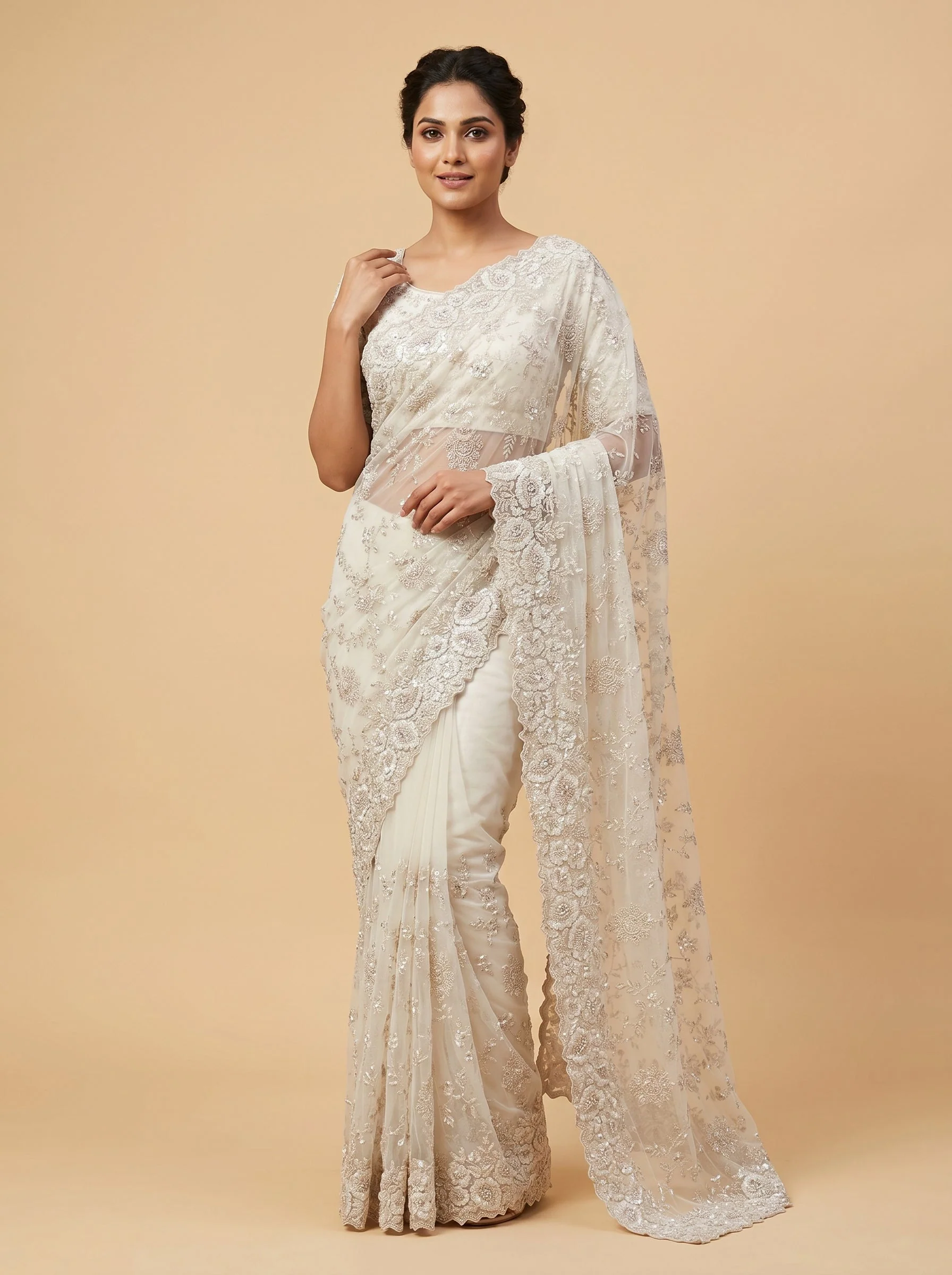Silver Shimmer Embroidered Saree