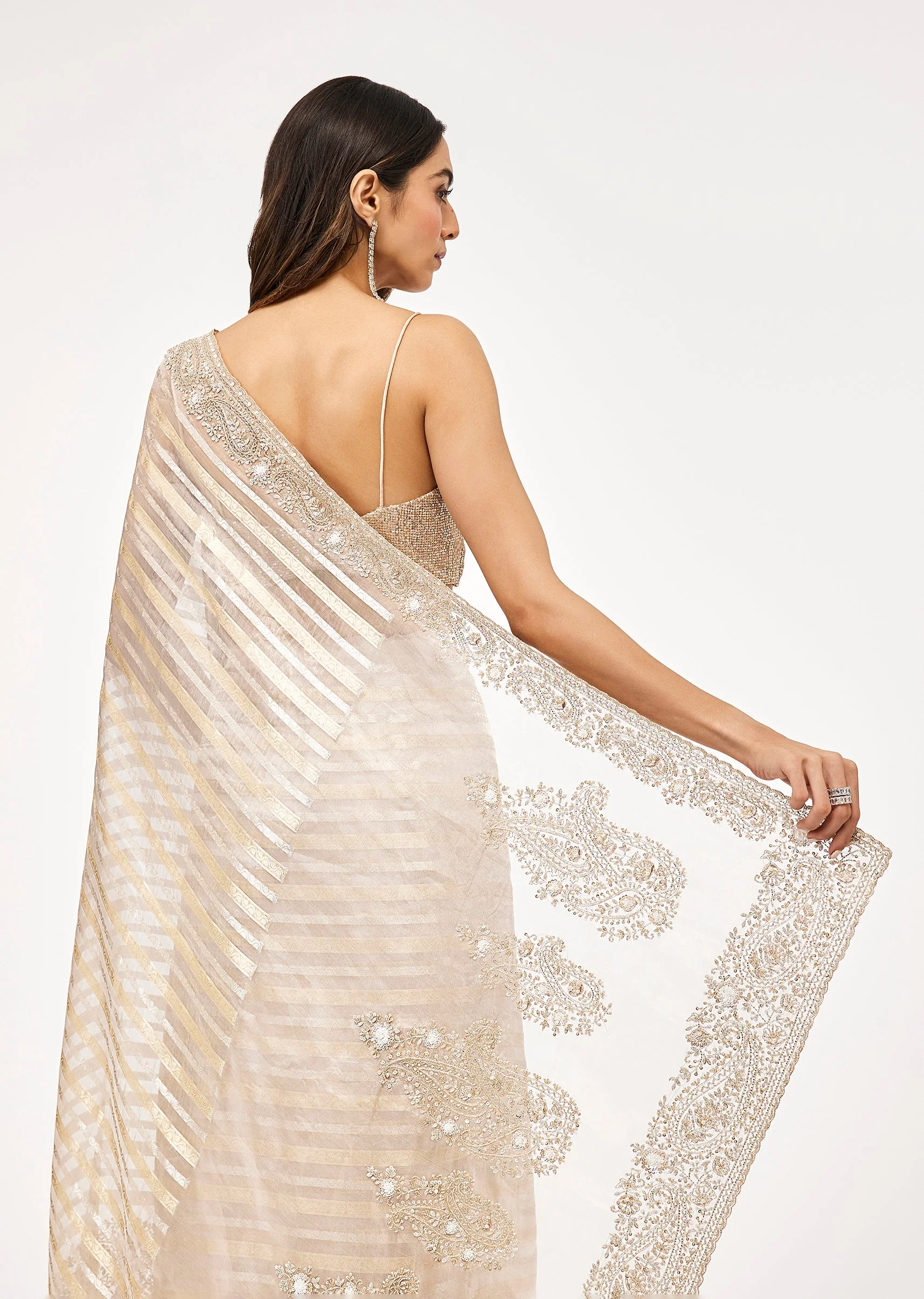 Silver Striped Tissue Saree With Embroidered Border - Image 6