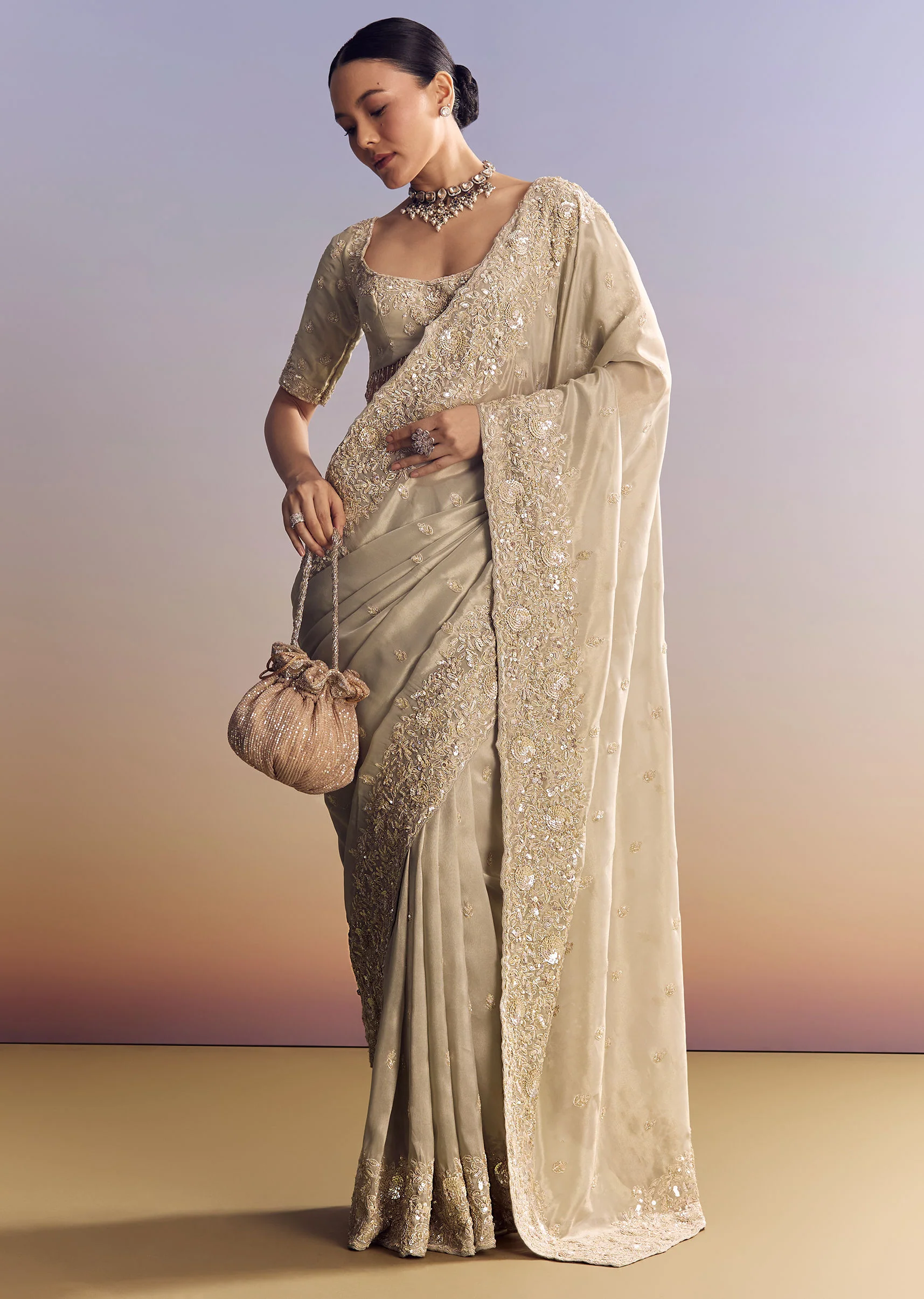 Silver Tissue Saree Embellished With Beads And Sequins - Image 5