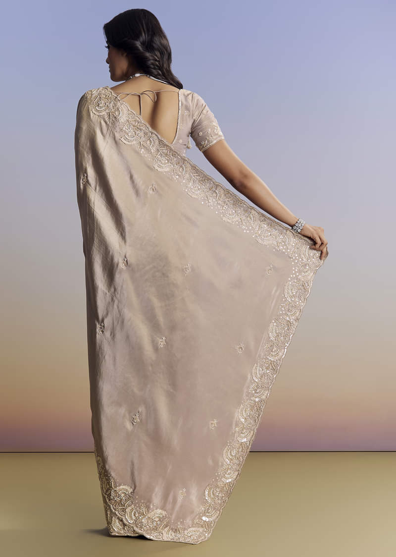 Silver Tissue Saree With Embroidered Scallop Border And Sequin Moti Work - Image 4