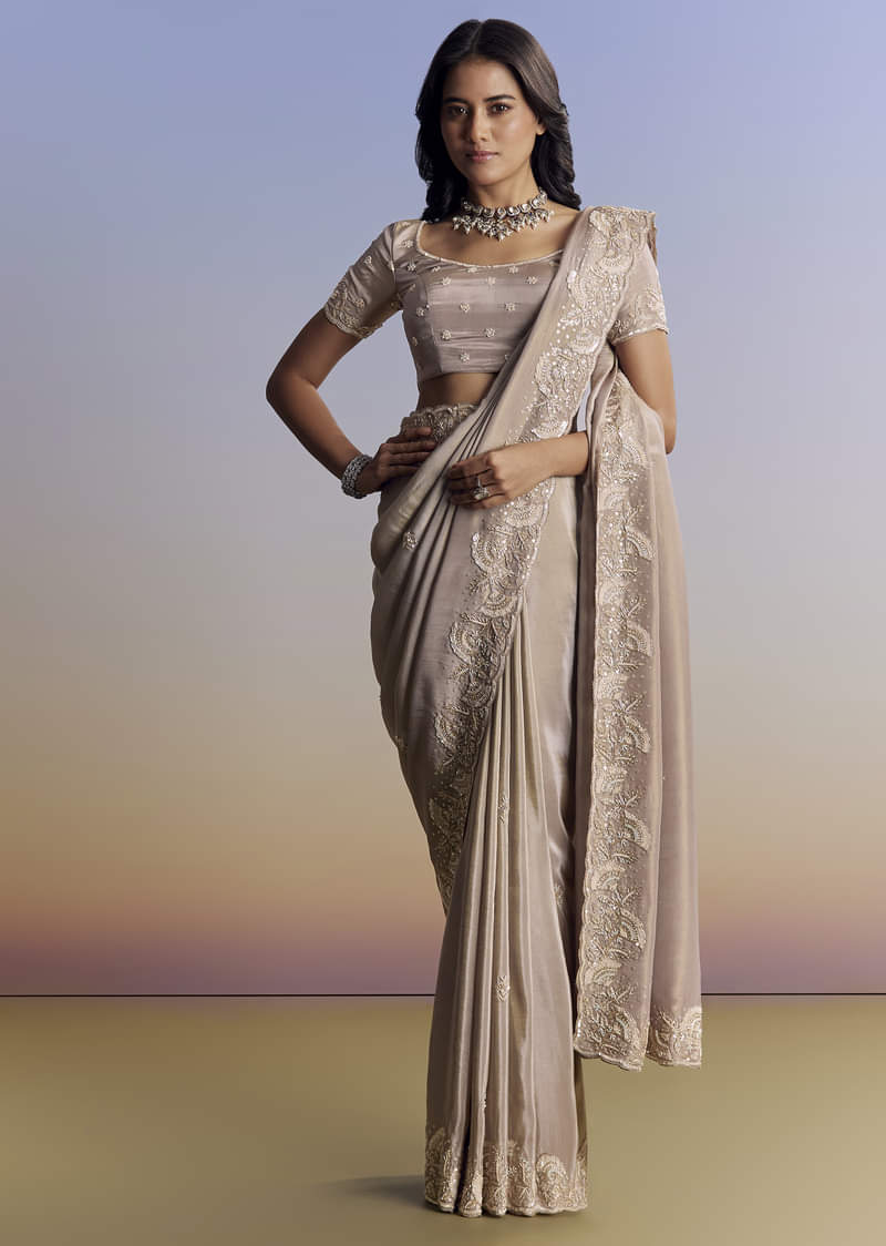 Silver Tissue Saree With Embroidered Scallop Border And Sequin Moti Work - Image 5