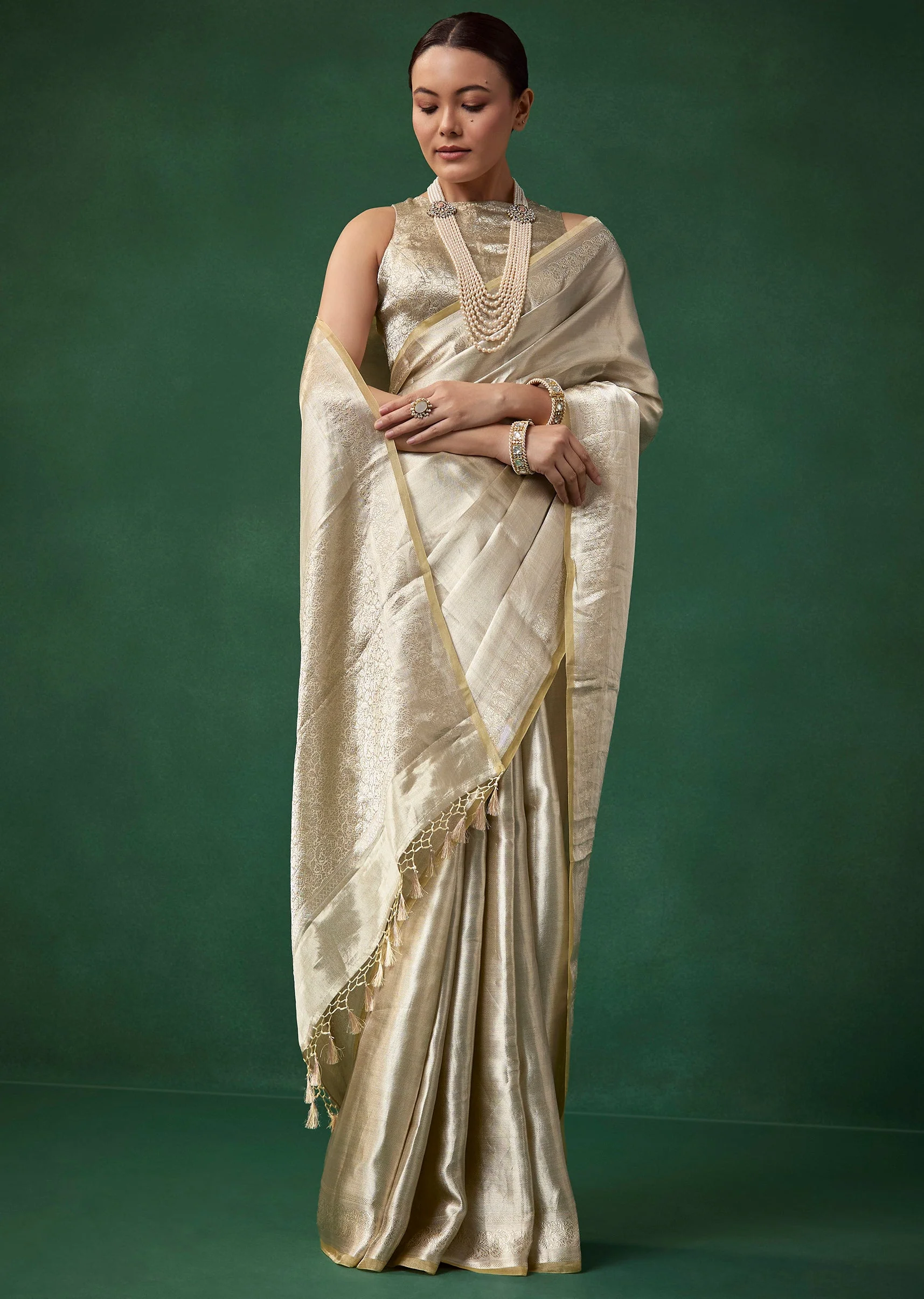 Silver Tissue Silk Woven Saree with Unstitched Brocade Blouse