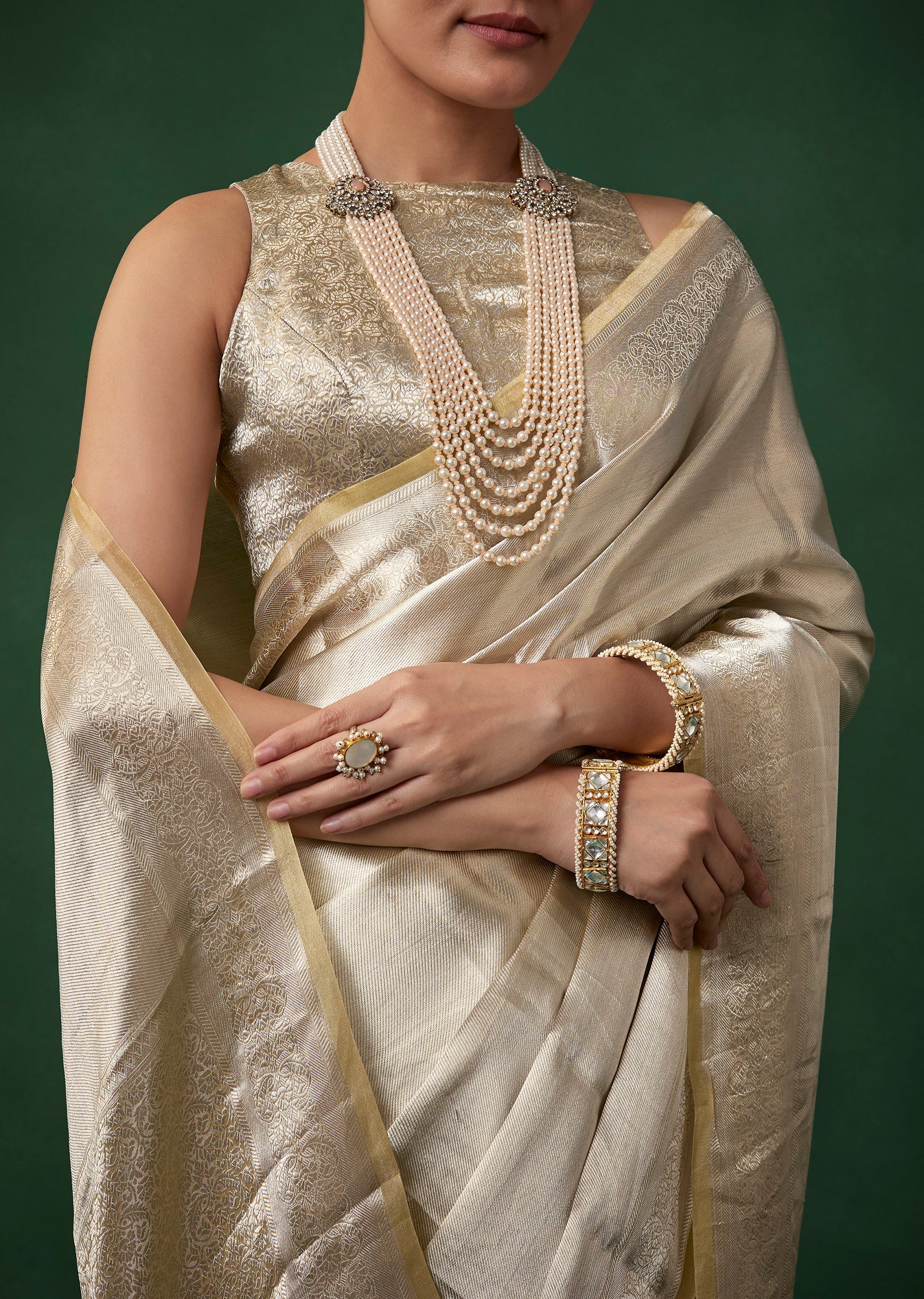 Silver Tissue Silk Woven Saree with Unstitched Brocade Blouse - Image 2