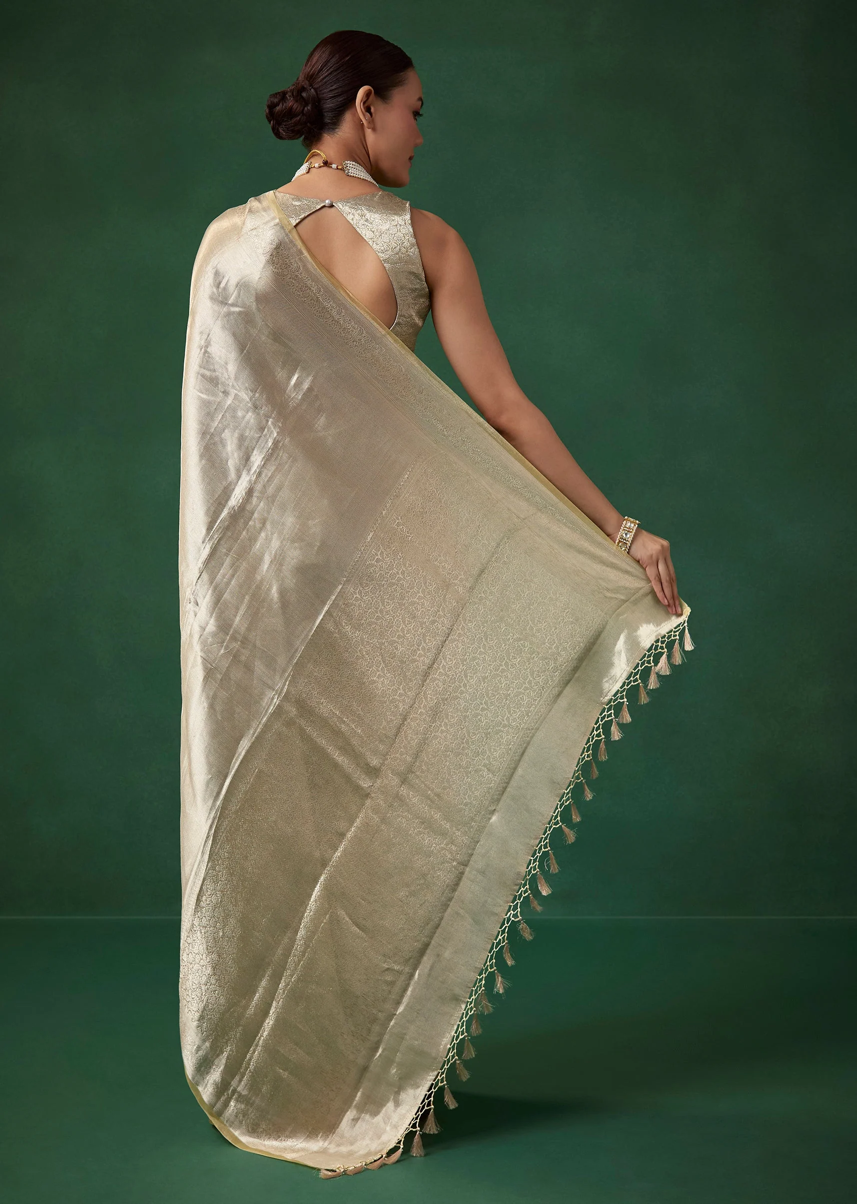 Silver Tissue Silk Woven Saree with Unstitched Brocade Blouse - Image 4